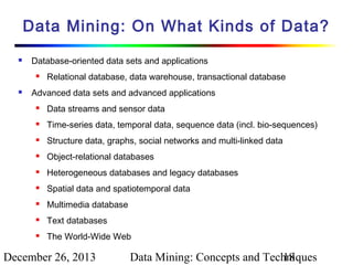Data Mining: On What Kinds of Data?


Database-oriented data sets and applications




Relational database, data warehouse, transactional database

Advanced data sets and advanced applications


Data streams and sensor data



Time-series data, temporal data, sequence data (incl. bio-sequences)



Structure data, graphs, social networks and multi-linked data



Object-relational databases



Heterogeneous databases and legacy databases



Spatial data and spatiotemporal data



Multimedia database



Text databases



The World-Wide Web

December 26, 2013

Data Mining: Concepts and Techniques
18

 