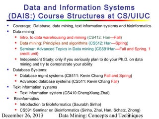 Data and Information Systems
(DAIS:) Course Structures at CS/UIUC









Coverage: Database, data mining, text information systems and bioinformatics
Data mining

Intro. to data warehousing and mining (CS412: Han—Fall)

Data mining: Principles and algorithms (CS512: Han—Spring)

Seminar: Advanced Topics in Data mining (CS591Han—Fall and Spring. 1
credit unit)

Independent Study: only if you seriously plan to do your Ph.D. on data
mining and try to demonstrate your ability
Database Systems:

Database mgmt systems (CS411: Kevin Chang Fall and Spring)

Advanced database systems (CS511: Kevin Chang Fall)
Text information systems

Text information system (CS410 ChengXiang Zhai)
Bioinformatics

Introduction to BioInformatics (Saurabh Sinha)

CS591 Seminar on Bioinformatics (Sinha, Zhai, Han, Schatz, Zhong)

December 26, 2013

Data Mining: Concepts and Techniques
3

 