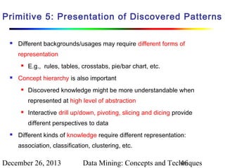 Primitive 5: Presentation of Discovered Patterns


Different backgrounds/usages may require different forms of
representation




E.g., rules, tables, crosstabs, pie/bar chart, etc.

Concept hierarchy is also important


Discovered knowledge might be more understandable when
represented at high level of abstraction



Interactive drill up/down, pivoting, slicing and dicing provide
different perspectives to data



Different kinds of knowledge require different representation:
association, classification, clustering, etc.

December 26, 2013

Data Mining: Concepts and Techniques
46

 