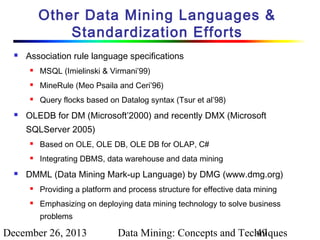 Other Data Mining Languages &
Standardization Efforts


Association rule language specifications



MineRule (Meo Psaila and Ceri’96)





MSQL (Imielinski & Virmani’99)
Query flocks based on Datalog syntax (Tsur et al’98)

OLEDB for DM (Microsoft’2000) and recently DMX (Microsoft
SQLServer 2005)





Based on OLE, OLE DB, OLE DB for OLAP, C#
Integrating DBMS, data warehouse and data mining

DMML (Data Mining Mark-up Language) by DMG (www.dmg.org)


Providing a platform and process structure for effective data mining



Emphasizing on deploying data mining technology to solve business
problems

December 26, 2013

Data Mining: Concepts and Techniques
49

 