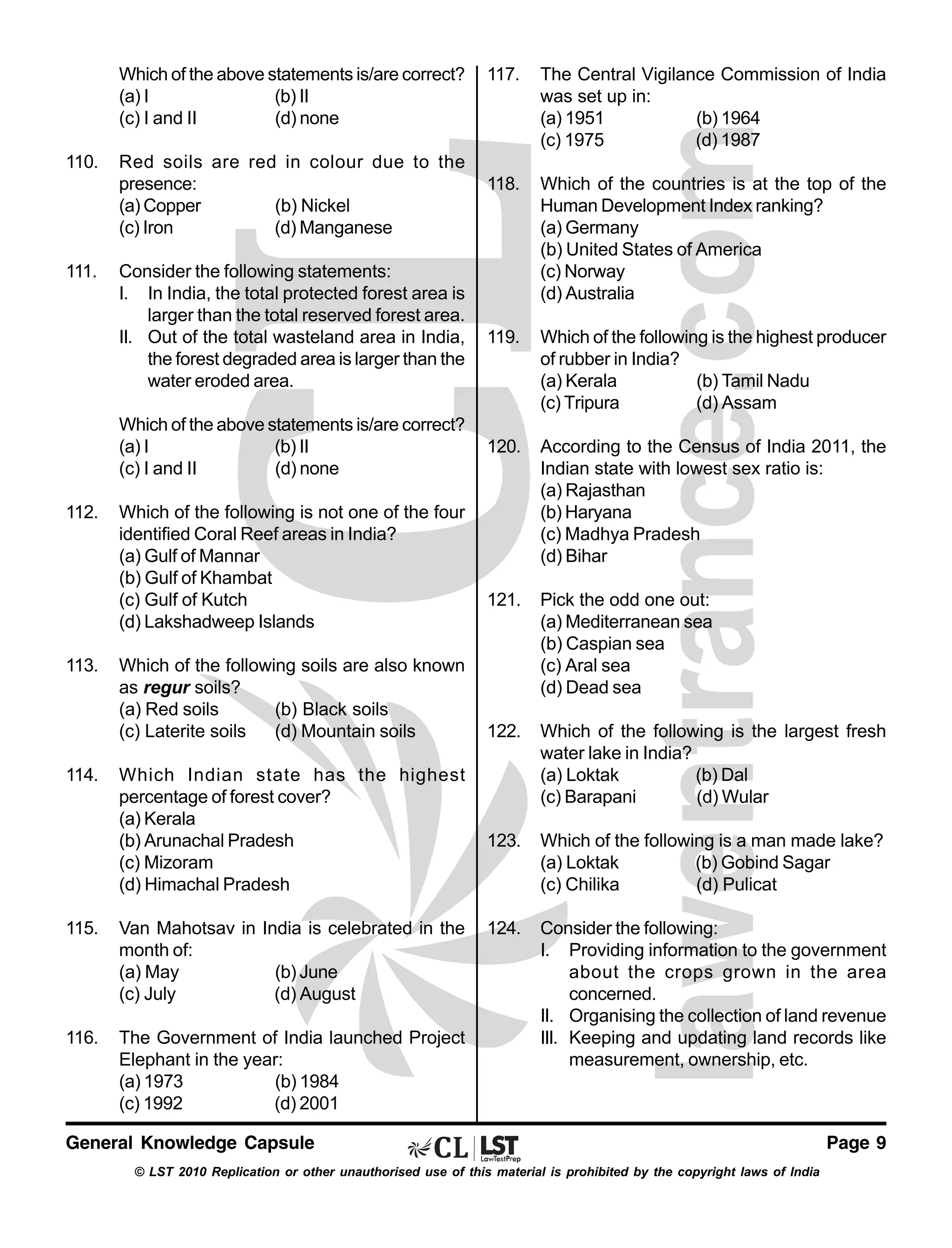 Which of the above statements is/are correct?
(a) I
(b) II
(c) I and II
(d) none
110.

111.

Red soils are red in colour due to the
presence:
(a) Copper
(b) Nickel
(c) Iron
(d) Manganese
Consider the following statements:
I. In India, the total protected forest area is
larger than the total reserved forest area.
II. Out of the total wasteland area in India,
the forest degraded area is larger than the
water eroded area.
Which of the above statements is/are correct?
(a) I
(b) II
(c) I and II
(d) none

112.

113.

114.

Which of the following is not one of the four
identified Coral Reef areas in India?
(a) Gulf of Mannar
(b) Gulf of Khambat
(c) Gulf of Kutch
(d) Lakshadweep Islands
Which of the following soils are also known
as regur soils?
(a) Red soils
(b) Black soils
(c) Laterite soils
(d) Mountain soils
Which Indian state has the highest
percentage of forest cover?
(a) Kerala
(b) Arunachal Pradesh
(c) Mizoram
(d) Himachal Pradesh

115.

Van Mahotsav in India is celebrated in the
month of:
(a) May
(b) June
(c) July
(d) August

116.

The Government of India launched Project
Elephant in the year:
(a) 1973
(b) 1984
(c) 1992
(d) 2001

117.

The Central Vigilance Commission of India
was set up in:
(a) 1951
(b) 1964
(c) 1975
(d) 1987

118.

Which of the countries is at the top of the
Human Development Index ranking?
(a) Germany
(b) United States of America
(c) Norway
(d) Australia

119.

Which of the following is the highest producer
of rubber in India?
(a) Kerala
(b) Tamil Nadu
(c) Tripura
(d) Assam

120.

According to the Census of India 2011, the
Indian state with lowest sex ratio is:
(a) Rajasthan
(b) Haryana
(c) Madhya Pradesh
(d) Bihar

121.

Pick the odd one out:
(a) Mediterranean sea
(b) Caspian sea
(c) Aral sea
(d) Dead sea

122.

Which of the following is the largest fresh
water lake in India?
(a) Loktak
(b) Dal
(c) Barapani
(d) Wular

123.

Which of the following is a man made lake?
(a) Loktak
(b) Gobind Sagar
(c) Chilika
(d) Pulicat

124.

Consider the following:
I. Providing information to the government
about the crops grown in the area
concerned.
II. Organising the collection of land revenue
III. Keeping and updating land records like
measurement, ownership, etc.

General Knowledge Capsule
© LST 2010 Replication or other unauthorised use of this material is prohibited by the copyright laws of India

Page 9

 
