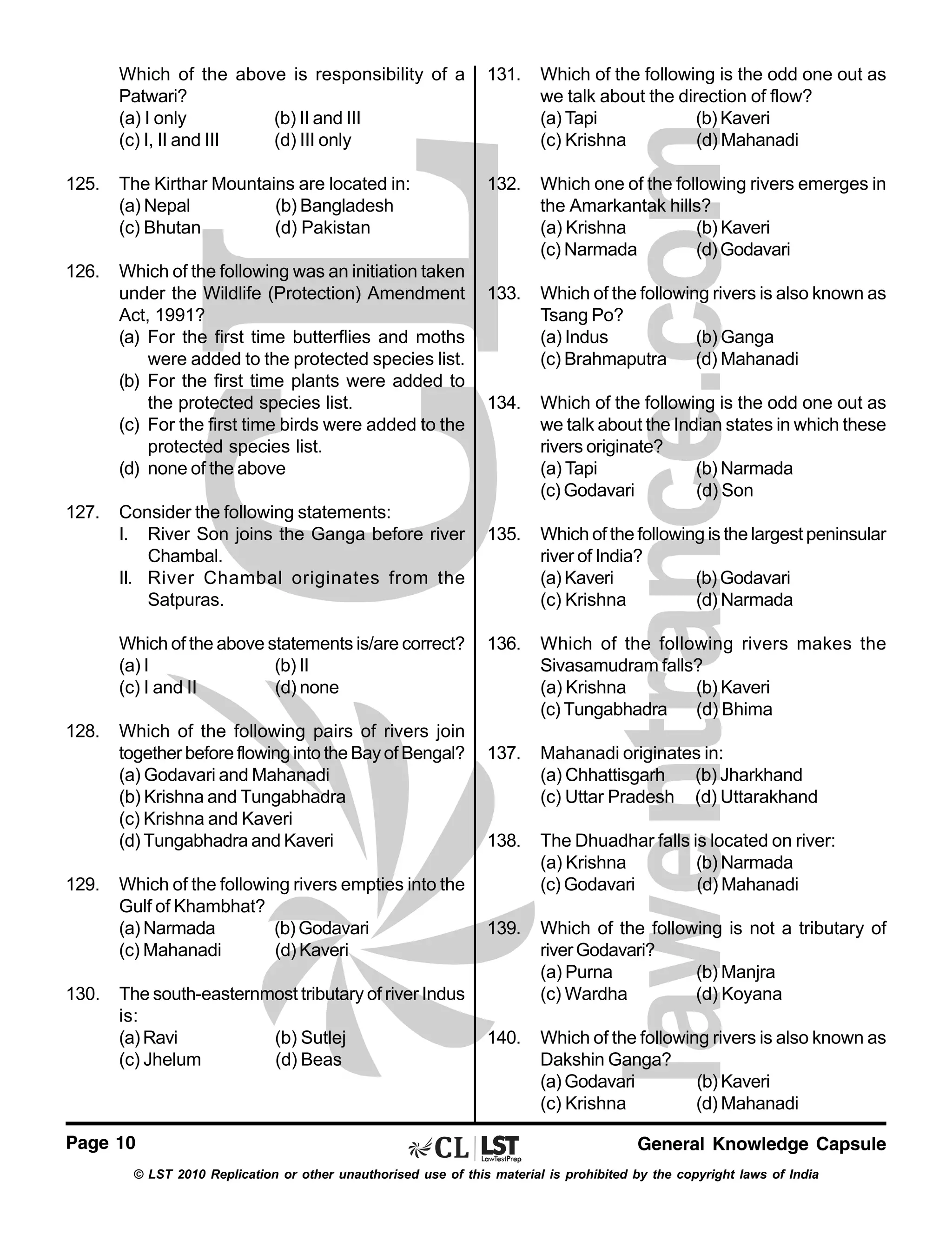 Which of the above is responsibility of a
Patwari?
(a) I only
(b) II and III
(c) I, II and III
(d) III only

131.

Which of the following is the odd one out as
we talk about the direction of flow?
(a) Tapi
(b) Kaveri
(c) Krishna
(d) Mahanadi

125.

The Kirthar Mountains are located in:
(a) Nepal
(b) Bangladesh
(c) Bhutan
(d) Pakistan

132.

Which one of the following rivers emerges in
the Amarkantak hills?
(a) Krishna
(b) Kaveri
(c) Narmada
(d) Godavari

126.

Which of the following was an initiation taken
under the Wildlife (Protection) Amendment
Act, 1991?
(a) For the first time butterflies and moths
were added to the protected species list.
(b) For the first time plants were added to
the protected species list.
(c) For the first time birds were added to the
protected species list.
(d) none of the above

133.

Which of the following rivers is also known as
Tsang Po?
(a) Indus
(b) Ganga
(c) Brahmaputra
(d) Mahanadi

134.

Which of the following is the odd one out as
we talk about the Indian states in which these
rivers originate?
(a) Tapi
(b) Narmada
(c) Godavari
(d) Son

135.

Which of the following is the largest peninsular
river of India?
(a) Kaveri
(b) Godavari
(c) Krishna
(d) Narmada

136.

Which of the following rivers makes the
Sivasamudram falls?
(a) Krishna
(b) Kaveri
(c) Tungabhadra
(d) Bhima

137.

Mahanadi originates in:
(a) Chhattisgarh
(b) Jharkhand
(c) Uttar Pradesh (d) Uttarakhand

138.

The Dhuadhar falls is located on river:
(a) Krishna
(b) Narmada
(c) Godavari
(d) Mahanadi

139.

Which of the following is not a tributary of
river Godavari?
(a) Purna
(b) Manjra
(c) Wardha
(d) Koyana

140.

Which of the following rivers is also known as
Dakshin Ganga?
(a) Godavari
(b) Kaveri
(c) Krishna
(d) Mahanadi

127.

Consider the following statements:
I. River Son joins the Ganga before river
Chambal.
II. River Chambal originates from the
Satpuras.
Which of the above statements is/are correct?
(a) I
(b) II
(c) I and II
(d) none

128.

129.

130.

Which of the following pairs of rivers join
together before flowing into the Bay of Bengal?
(a) Godavari and Mahanadi
(b) Krishna and Tungabhadra
(c) Krishna and Kaveri
(d) Tungabhadra and Kaveri
Which of the following rivers empties into the
Gulf of Khambhat?
(a) Narmada
(b) Godavari
(c) Mahanadi
(d) Kaveri
The south-easternmost tributary of river Indus
is:
(a) Ravi
(b) Sutlej
(c) Jhelum
(d) Beas

Page 10

General Knowledge Capsule

© LST 2010 Replication or other unauthorised use of this material is prohibited by the copyright laws of India

 