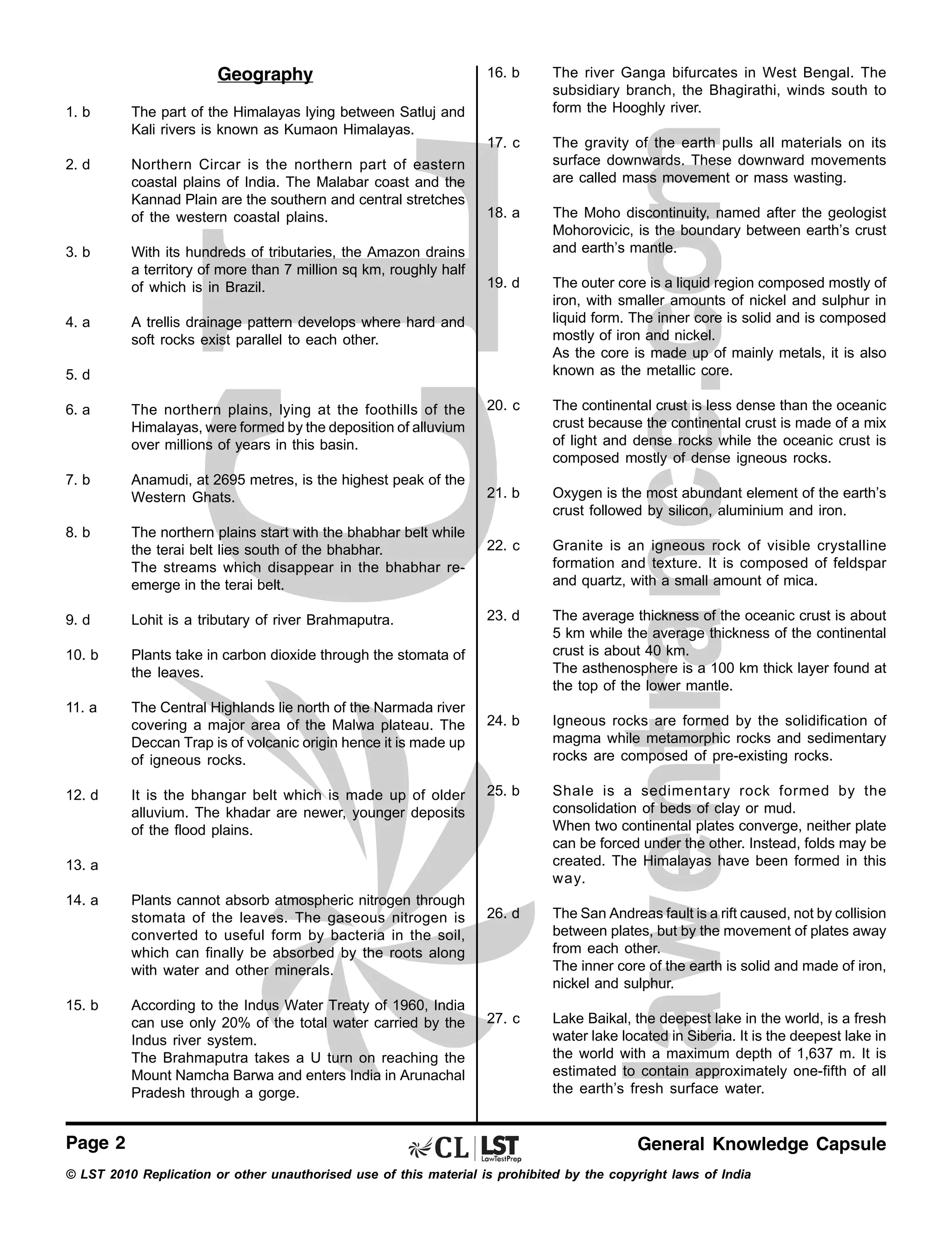 Geography

16. b

The river Ganga bifurcates in West Bengal. The
subsidiary branch, the Bhagirathi, winds south to
form the Hooghly river.

1. b

The part of the Himalayas lying between Satluj and
Kali rivers is known as Kumaon Himalayas.

17. c

2. d

Northern Circar is the northern part of eastern
coastal plains of India. The Malabar coast and the
Kannad Plain are the southern and central stretches
of the western coastal plains.

The gravity of the earth pulls all materials on its
surface downwards. These downward movements
are called mass movement or mass wasting.

18. a

With its hundreds of tributaries, the Amazon drains
a territory of more than 7 million sq km, roughly half
of which is in Brazil.

The Moho discontinuity, named after the geologist
Mohorovicic, is the boundary between earth’s crust
and earth’s mantle.

19. d

The outer core is a liquid region composed mostly of
iron, with smaller amounts of nickel and sulphur in
liquid form. The inner core is solid and is composed
mostly of iron and nickel.
As the core is made up of mainly metals, it is also
known as the metallic core.

20. c

The continental crust is less dense than the oceanic
crust because the continental crust is made of a mix
of light and dense rocks while the oceanic crust is
composed mostly of dense igneous rocks.

21. b

Oxygen is the most abundant element of the earth’s
crust followed by silicon, aluminium and iron.

22. c

Granite is an igneous rock of visible crystalline
formation and texture. It is composed of feldspar
and quartz, with a small amount of mica.

23. d

The average thickness of the oceanic crust is about
5 km while the average thickness of the continental
crust is about 40 km.
The asthenosphere is a 100 km thick layer found at
the top of the lower mantle.

24. b

Igneous rocks are formed by the solidification of
magma while metamorphic rocks and sedimentary
rocks are composed of pre-existing rocks.

25. b

Shale is a sedimentary rock formed by the
consolidation of beds of clay or mud.
When two continental plates converge, neither plate
can be forced under the other. Instead, folds may be
created. The Himalayas have been formed in this
way.

26. d

The San Andreas fault is a rift caused, not by collision
between plates, but by the movement of plates away
from each other.
The inner core of the earth is solid and made of iron,
nickel and sulphur.

27. c

Lake Baikal, the deepest lake in the world, is a fresh
water lake located in Siberia. It is the deepest lake in
the world with a maximum depth of 1,637 m. It is
estimated to contain approximately one-fifth of all
the earth’s fresh surface water.

3. b

4. a

A trellis drainage pattern develops where hard and
soft rocks exist parallel to each other.

5. d
6. a

The northern plains, lying at the foothills of the
Himalayas, were formed by the deposition of alluvium
over millions of years in this basin.

7. b

Anamudi, at 2695 metres, is the highest peak of the
Western Ghats.

8. b

The northern plains start with the bhabhar belt while
the terai belt lies south of the bhabhar.
The streams which disappear in the bhabhar reemerge in the terai belt.

9. d

Lohit is a tributary of river Brahmaputra.

10. b

Plants take in carbon dioxide through the stomata of
the leaves.

11. a

The Central Highlands lie north of the Narmada river
covering a major area of the Malwa plateau. The
Deccan Trap is of volcanic origin hence it is made up
of igneous rocks.

12. d

It is the bhangar belt which is made up of older
alluvium. The khadar are newer, younger deposits
of the flood plains.

13. a
14. a

Plants cannot absorb atmospheric nitrogen through
stomata of the leaves. The gaseous nitrogen is
converted to useful form by bacteria in the soil,
which can finally be absorbed by the roots along
with water and other minerals.

15. b

According to the Indus Water Treaty of 1960, India
can use only 20% of the total water carried by the
Indus river system.
The Brahmaputra takes a U turn on reaching the
Mount Namcha Barwa and enters India in Arunachal
Pradesh through a gorge.

Page 2

General Knowledge Capsule

© LST 2010 Replication or other unauthorised use of this material is prohibited by the copyright laws of India

 