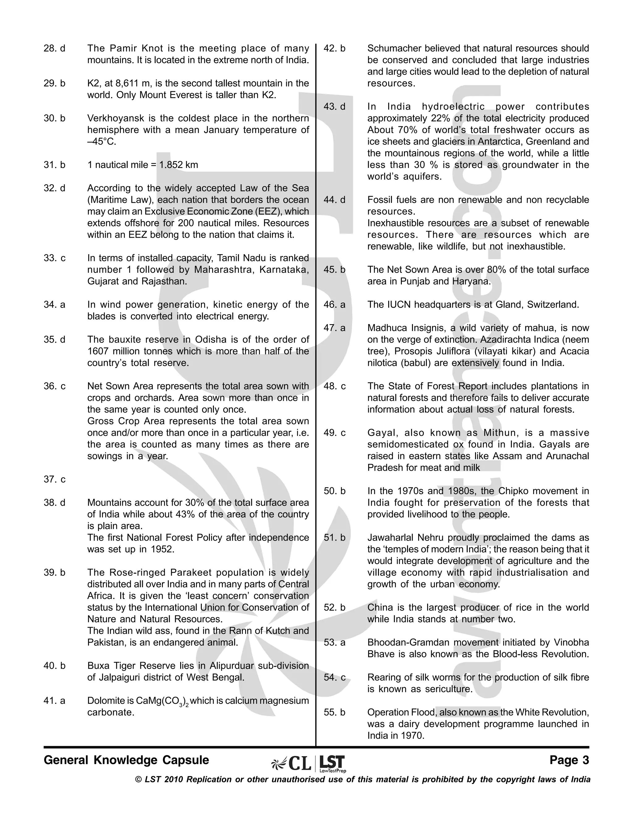28. d

The Pamir Knot is the meeting place of many
mountains. It is located in the extreme north of India.

29. b

K2, at 8,611 m, is the second tallest mountain in the
world. Only Mount Everest is taller than K2.

30. b

Verkhoyansk is the coldest place in the northern
hemisphere with a mean January temperature of
–45°C.

Schumacher believed that natural resources should
be conserved and concluded that large industries
and large cities would lead to the depletion of natural
resources.

43. d

31. b

1 nautical mile = 1.852 km

32. d

According to the widely accepted Law of the Sea
(Maritime Law), each nation that borders the ocean
may claim an Exclusive Economic Zone (EEZ), which
extends offshore for 200 nautical miles. Resources
within an EEZ belong to the nation that claims it.

In India hydroelectric power contributes
approximately 22% of the total electricity produced
About 70% of world’s total freshwater occurs as
ice sheets and glaciers in Antarctica, Greenland and
the mountainous regions of the world, while a little
less than 30 % is stored as groundwater in the
world’s aquifers.

44. d

Fossil fuels are non renewable and non recyclable
resources.
Inexhaustible resources are a subset of renewable
resources. There are resources which are
renewable, like wildlife, but not inexhaustible.

45. b

The Net Sown Area is over 80% of the total surface
area in Punjab and Haryana.

46. a

The IUCN headquarters is at Gland, Switzerland.

47. a

Madhuca Insignis, a wild variety of mahua, is now
on the verge of extinction. Azadirachta Indica (neem
tree), Prosopis Juliflora (vilayati kikar) and Acacia
nilotica (babul) are extensively found in India.

48. c

The State of Forest Report includes plantations in
natural forests and therefore fails to deliver accurate
information about actual loss of natural forests.

49. c

Gayal, also known as Mithun, is a massive
semidomesticated ox found in India. Gayals are
raised in eastern states like Assam and Arunachal
Pradesh for meat and milk

50. b

33. c

42. b

In the 1970s and 1980s, the Chipko movement in
India fought for preservation of the forests that
provided livelihood to the people.

51. b

Jawaharlal Nehru proudly proclaimed the dams as
the ‘temples of modern India’; the reason being that it
would integrate development of agriculture and the
village economy with rapid industrialisation and
growth of the urban economy.

52. b

China is the largest producer of rice in the world
while India stands at number two.

53. a

Bhoodan-Gramdan movement initiated by Vinobha
Bhave is also known as the Blood-less Revolution.

Buxa Tiger Reserve lies in Alipurduar sub-division
of Jalpaiguri district of West Bengal.

54. c

Rearing of silk worms for the production of silk fibre
is known as sericulture.

Dolomite is CaMg(CO3)2 which is calcium magnesium
carbonate.

55. b

Operation Flood, also known as the White Revolution,
was a dairy development programme launched in
India in 1970.

In terms of installed capacity, Tamil Nadu is ranked
number 1 followed by Maharashtra, Karnataka,
Gujarat and Rajasthan.

34. a

In wind power generation, kinetic energy of the
blades is converted into electrical energy.

35. d

The bauxite reserve in Odisha is of the order of
1607 million tonnes which is more than half of the
country’s total reserve.

36. c

Net Sown Area represents the total area sown with
crops and orchards. Area sown more than once in
the same year is counted only once.
Gross Crop Area represents the total area sown
once and/or more than once in a particular year, i.e.
the area is counted as many times as there are
sowings in a year.

37. c
38. d

39. b

40. b

41. a

Mountains account for 30% of the total surface area
of India while about 43% of the area of the country
is plain area.
The first National Forest Policy after independence
was set up in 1952.
The Rose-ringed Parakeet population is widely
distributed all over India and in many parts of Central
Africa. It is given the ‘least concern’ conservation
status by the International Union for Conservation of
Nature and Natural Resources.
The Indian wild ass, found in the Rann of Kutch and
Pakistan, is an endangered animal.

General Knowledge Capsule

Page 3

© LST 2010 Replication or other unauthorised use of this material is prohibited by the copyright laws of India

 