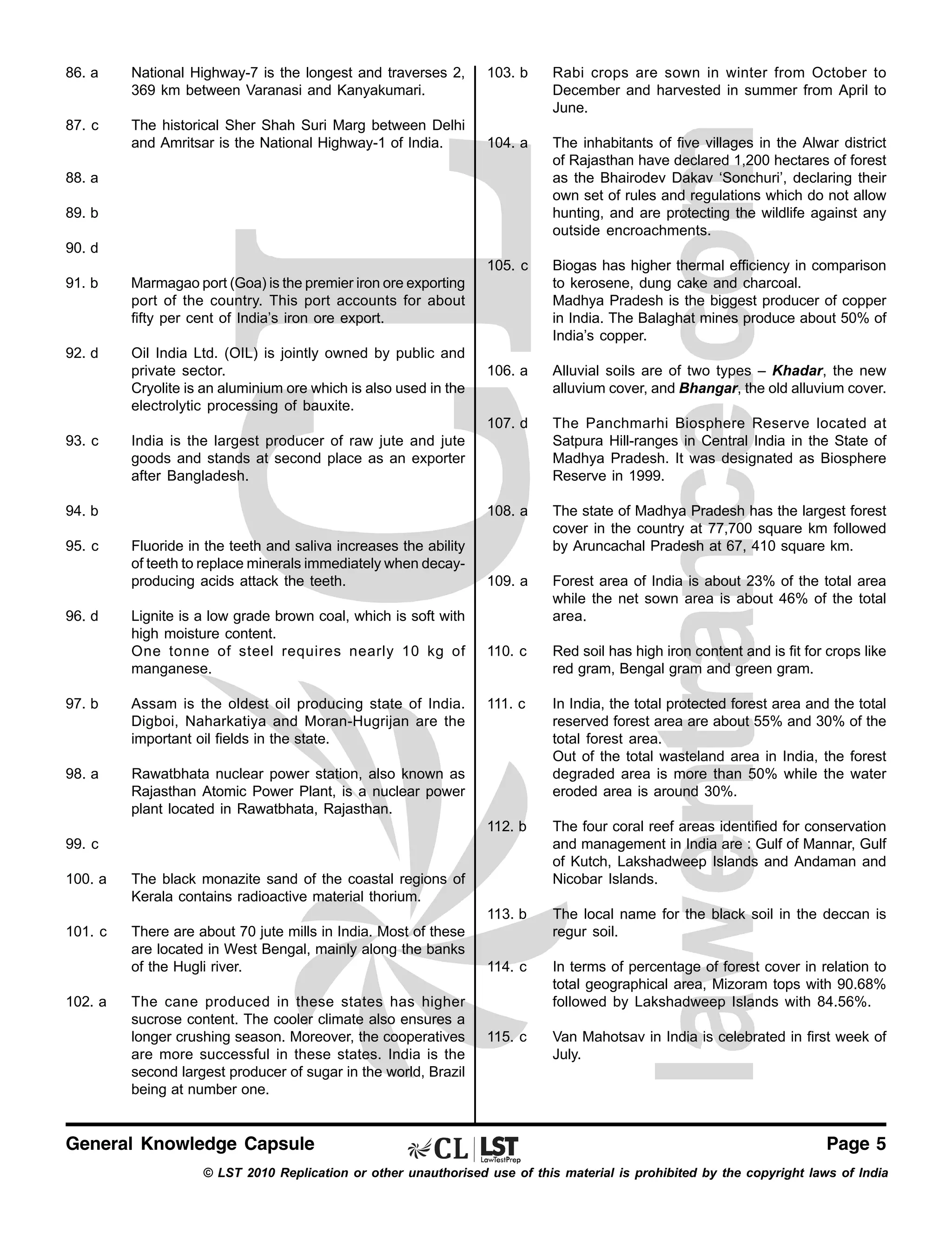 The inhabitants of five villages in the Alwar district
of Rajasthan have declared 1,200 hectares of forest
as the Bhairodev Dakav ‘Sonchuri’, declaring their
own set of rules and regulations which do not allow
hunting, and are protecting the wildlife against any
outside encroachments.
Biogas has higher thermal efficiency in comparison
to kerosene, dung cake and charcoal.
Madhya Pradesh is the biggest producer of copper
in India. The Balaghat mines produce about 50% of
India’s copper.

106. a

Alluvial soils are of two types – Khadar, the new
alluvium cover, and Bhangar, the old alluvium cover.
The Panchmarhi Biosphere Reserve located at
Satpura Hill-ranges in Central India in the State of
Madhya Pradesh. It was designated as Biosphere
Reserve in 1999.
The state of Madhya Pradesh has the largest forest
cover in the country at 77,700 square km followed
by Aruncachal Pradesh at 67, 410 square km.

109. a

Forest area of India is about 23% of the total area
while the net sown area is about 46% of the total
area.

110. c

Red soil has high iron content and is fit for crops like
red gram, Bengal gram and green gram.

111. c

In India, the total protected forest area and the total
reserved forest area are about 55% and 30% of the
total forest area.
Out of the total wasteland area in India, the forest
degraded area is more than 50% while the water
eroded area is around 30%.

112. b

The four coral reef areas identified for conservation
and management in India are : Gulf of Mannar, Gulf
of Kutch, Lakshadweep Islands and Andaman and
Nicobar Islands.

113. b

The historical Sher Shah Suri Marg between Delhi
and Amritsar is the National Highway-1 of India.

104. a

108. a

87. c

Rabi crops are sown in winter from October to
December and harvested in summer from April to
June.

107. d

National Highway-7 is the longest and traverses 2,
369 km between Varanasi and Kanyakumari.

103. b

105. c

86. a

The local name for the black soil in the deccan is
regur soil.

114. c

In terms of percentage of forest cover in relation to
total geographical area, Mizoram tops with 90.68%
followed by Lakshadweep Islands with 84.56%.

115. c

Van Mahotsav in India is celebrated in first week of
July.

88. a
89. b
90. d
91. b

Marmagao port (Goa) is the premier iron ore exporting
port of the country. This port accounts for about
fifty per cent of India’s iron ore export.

92. d

Oil India Ltd. (OIL) is jointly owned by public and
private sector.
Cryolite is an aluminium ore which is also used in the
electrolytic processing of bauxite.

93. c

India is the largest producer of raw jute and jute
goods and stands at second place as an exporter
after Bangladesh.

94. b
95. c

96. d

Fluoride in the teeth and saliva increases the ability
of teeth to replace minerals immediately when decayproducing acids attack the teeth.
Lignite is a low grade brown coal, which is soft with
high moisture content.
One tonne of steel requires nearly 10 kg of
manganese.

97. b

Assam is the oldest oil producing state of India.
Digboi, Naharkatiya and Moran-Hugrijan are the
important oil fields in the state.

98. a

Rawatbhata nuclear power station, also known as
Rajasthan Atomic Power Plant, is a nuclear power
plant located in Rawatbhata, Rajasthan.

99. c
100. a

The black monazite sand of the coastal regions of
Kerala contains radioactive material thorium.

101. c

There are about 70 jute mills in India. Most of these
are located in West Bengal, mainly along the banks
of the Hugli river.

102. a

The cane produced in these states has higher
sucrose content. The cooler climate also ensures a
longer crushing season. Moreover, the cooperatives
are more successful in these states. India is the
second largest producer of sugar in the world, Brazil
being at number one.

General Knowledge Capsule

Page 5

© LST 2010 Replication or other unauthorised use of this material is prohibited by the copyright laws of India

 