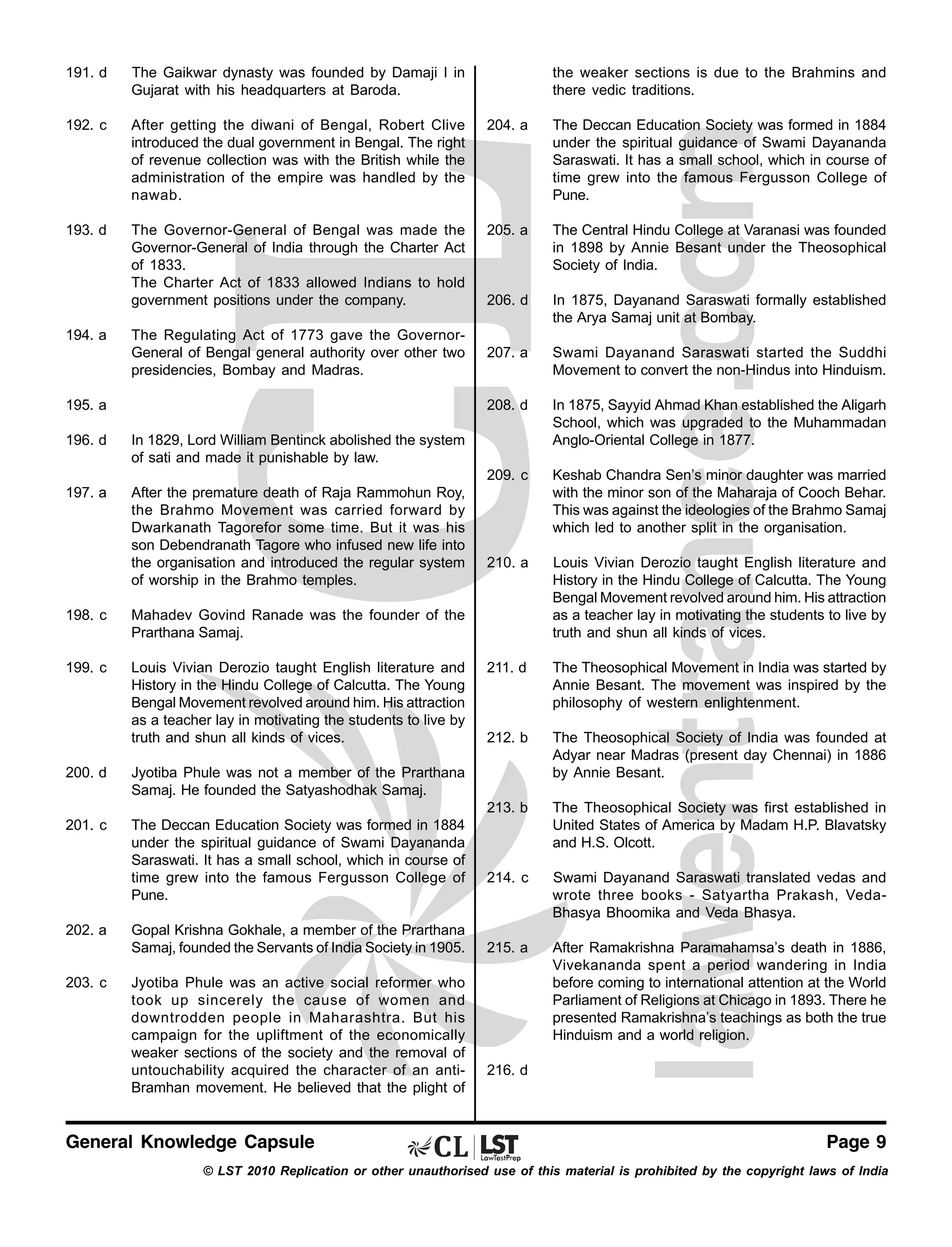 the weaker sections is due to the Brahmins and
there vedic traditions.

191. d

The Gaikwar dynasty was founded by Damaji I in
Gujarat with his headquarters at Baroda.

192. c

After getting the diwani of Bengal, Robert Clive
introduced the dual government in Bengal. The right
of revenue collection was with the British while the
administration of the empire was handled by the
nawab.

204. a

The Deccan Education Society was formed in 1884
under the spiritual guidance of Swami Dayananda
Saraswati. It has a small school, which in course of
time grew into the famous Fergusson College of
Pune.

193. d

The Governor-General of Bengal was made the
Governor-General of India through the Charter Act
of 1833.
The Charter Act of 1833 allowed Indians to hold
government positions under the company.

205. a

The Central Hindu College at Varanasi was founded
in 1898 by Annie Besant under the Theosophical
Society of India.

206. d

In 1875, Dayanand Saraswati formally established
the Arya Samaj unit at Bombay.

207. a

Swami Dayanand Saraswati started the Suddhi
Movement to convert the non-Hindus into Hinduism.

208. d

In 1875, Sayyid Ahmad Khan established the Aligarh
School, which was upgraded to the Muhammadan
Anglo-Oriental College in 1877.

209. c

Keshab Chandra Sen’s minor daughter was married
with the minor son of the Maharaja of Cooch Behar.
This was against the ideologies of the Brahmo Samaj
which led to another split in the organisation.

210. a

Louis Vivian Derozio taught English literature and
History in the Hindu College of Calcutta. The Young
Bengal Movement revolved around him. His attraction
as a teacher lay in motivating the students to live by
truth and shun all kinds of vices.

211. d

The Theosophical Movement in India was started by
Annie Besant. The movement was inspired by the
philosophy of western enlightenment.

212. b

The Theosophical Society of India was founded at
Adyar near Madras (present day Chennai) in 1886
by Annie Besant.

213. b

The Theosophical Society was first established in
United States of America by Madam H.P. Blavatsky
and H.S. Olcott.

214. c

Swami Dayanand Saraswati translated vedas and
wrote three books - Satyartha Prakash, VedaBhasya Bhoomika and Veda Bhasya.

215. a

After Ramakrishna Paramahamsa’s death in 1886,
Vivekananda spent a period wandering in India
before coming to international attention at the World
Parliament of Religions at Chicago in 1893. There he
presented Ramakrishna’s teachings as both the true
Hinduism and a world religion.

194. a

The Regulating Act of 1773 gave the GovernorGeneral of Bengal general authority over other two
presidencies, Bombay and Madras.

195. a
196. d

In 1829, Lord William Bentinck abolished the system
of sati and made it punishable by law.

197. a

After the premature death of Raja Rammohun Roy,
the Brahmo Movement was carried forward by
Dwarkanath Tagorefor some time. But it was his
son Debendranath Tagore who infused new life into
the organisation and introduced the regular system
of worship in the Brahmo temples.

198. c

Mahadev Govind Ranade was the founder of the
Prarthana Samaj.

199. c

Louis Vivian Derozio taught English literature and
History in the Hindu College of Calcutta. The Young
Bengal Movement revolved around him. His attraction
as a teacher lay in motivating the students to live by
truth and shun all kinds of vices.

200. d

Jyotiba Phule was not a member of the Prarthana
Samaj. He founded the Satyashodhak Samaj.

201. c

The Deccan Education Society was formed in 1884
under the spiritual guidance of Swami Dayananda
Saraswati. It has a small school, which in course of
time grew into the famous Fergusson College of
Pune.

202. a

203. c

Gopal Krishna Gokhale, a member of the Prarthana
Samaj, founded the Servants of India Society in 1905.
Jyotiba Phule was an active social reformer who
took up sincerely the cause of women and
downtrodden people in Maharashtra. But his
campaign for the upliftment of the economically
weaker sections of the society and the removal of
untouchability acquired the character of an antiBramhan movement. He believed that the plight of

General Knowledge Capsule

216. d

Page 9

© LST 2010 Replication or other unauthorised use of this material is prohibited by the copyright laws of India

 