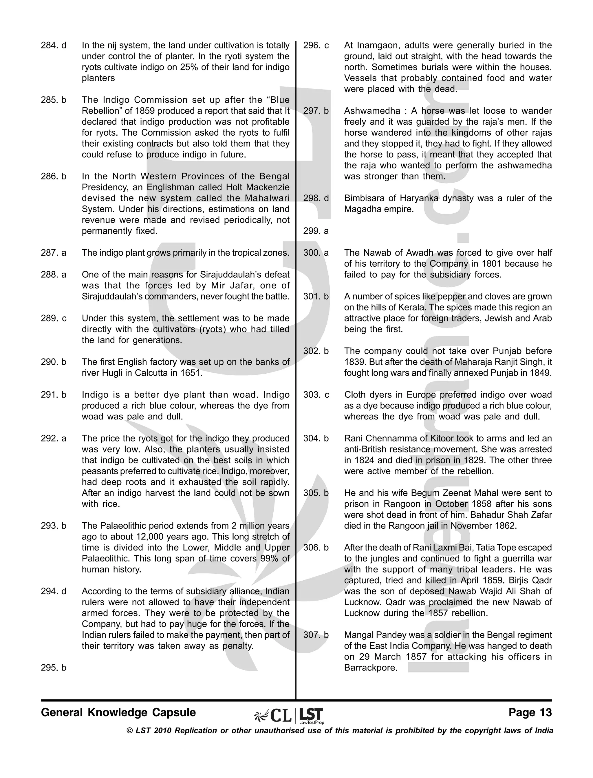 284. d

In the nij system, the land under cultivation is totally
under control the of planter. In the ryoti system the
ryots cultivate indigo on 25% of their land for indigo
planters

285. b

The Indigo Commission set up after the “Blue
Rebellion” of 1859 produced a report that said that It
declared that indigo production was not profitable
for ryots. The Commission asked the ryots to fulfil
their existing contracts but also told them that they
could refuse to produce indigo in future.

286. b

In the North Western Provinces of the Bengal
Presidency, an Englishman called Holt Mackenzie
devised the new system called the Mahalwari
System. Under his directions, estimations on land
revenue were made and revised periodically, not
permanently fixed.

296. c

At Inamgaon, adults were generally buried in the
ground, laid out straight, with the head towards the
north. Sometimes burials were within the houses.
Vessels that probably contained food and water
were placed with the dead.

297. b

Ashwamedha : A horse was let loose to wander
freely and it was guarded by the raja’s men. If the
horse wandered into the kingdoms of other rajas
and they stopped it, they had to fight. If they allowed
the horse to pass, it meant that they accepted that
the raja who wanted to perform the ashwamedha
was stronger than them.

298. d

Bimbisara of Haryanka dynasty was a ruler of the
Magadha empire.

299. a

287. a

The indigo plant grows primarily in the tropical zones.

300. a

288. a

One of the main reasons for Sirajuddaulah’s defeat
was that the forces led by Mir Jafar, one of
Sirajuddaulah’s commanders, never fought the battle.

The Nawab of Awadh was forced to give over half
of his territory to the Company in 1801 because he
failed to pay for the subsidiary forces.

301. b

A number of spices like pepper and cloves are grown
on the hills of Kerala. The spices made this region an
attractive place for foreign traders, Jewish and Arab
being the first.

302. b

The company could not take over Punjab before
1839. But after the death of Maharaja Ranjit Singh, it
fought long wars and finally annexed Punjab in 1849.

289. c

Under this system, the settlement was to be made
directly with the cultivators (ryots) who had tilled
the land for generations.

290. b

The first English factory was set up on the banks of
river Hugli in Calcutta in 1651.

291. b

Indigo is a better dye plant than woad. Indigo
produced a rich blue colour, whereas the dye from
woad was pale and dull.

303. c

Cloth dyers in Europe preferred indigo over woad
as a dye because indigo produced a rich blue colour,
whereas the dye from woad was pale and dull.

292. a

The price the ryots got for the indigo they produced
was very low. Also, the planters usually insisted
that indigo be cultivated on the best soils in which
peasants preferred to cultivate rice. Indigo, moreover,
had deep roots and it exhausted the soil rapidly.
After an indigo harvest the land could not be sown
with rice.

304. b

Rani Chennamma of Kitoor took to arms and led an
anti-British resistance movement. She was arrested
in 1824 and died in prison in 1829. The other three
were active member of the rebellion.

305. b

He and his wife Begum Zeenat Mahal were sent to
prison in Rangoon in October 1858 after his sons
were shot dead in front of him. Bahadur Shah Zafar
died in the Rangoon jail in November 1862.

306. b

After the death of Rani Laxmi Bai, Tatia Tope escaped
to the jungles and continued to fight a guerrilla war
with the support of many tribal leaders. He was
captured, tried and killed in April 1859. Birjis Qadr
was the son of deposed Nawab Wajid Ali Shah of
Lucknow. Qadr was proclaimed the new Nawab of
Lucknow during the 1857 rebellion.

307. b

Mangal Pandey was a soldier in the Bengal regiment
of the East India Company. He was hanged to death
on 29 March 1857 for attacking his officers in
Barrackpore.

293. b

294. d

The Palaeolithic period extends from 2 million years
ago to about 12,000 years ago. This long stretch of
time is divided into the Lower, Middle and Upper
Palaeolithic. This long span of time covers 99% of
human history.
According to the terms of subsidiary alliance, Indian
rulers were not allowed to have their independent
armed forces. They were to be protected by the
Company, but had to pay huge for the forces. If the
Indian rulers failed to make the payment, then part of
their territory was taken away as penalty.

295. b

General Knowledge Capsule

Page 13

© LST 2010 Replication or other unauthorised use of this material is prohibited by the copyright laws of India

 