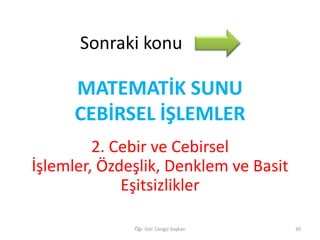Sonraki konu

MATEMATİK SUNU
CEBİRSEL İŞLEMLER
2. Cebir ve Cebirsel
İşlemler, Özdeşlik, Denklem ve Basit
Eşitsizlikler
Öğr. Gör. Cengiz Soykan

30

 