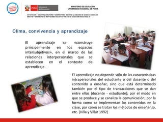 MINISTERIO DE EDUCACIÓN
UNIVERSIDAD NACIONAL DE PIURA
CAPACITACIÓN A DOCENTES, DIRECTORES Y SUBDIRECTORES INSCRITOS AL CONCURSO DE ACCESO A CARGOS DE
DIRECTOR Y SUBDIRECTOR DE INSTITUCIONES EDUCATIVAS PÚBLICAS DE EDUCACIÓN BÁSICA REGULAR

Clima, convivencia y aprendizaje
El
aprendizaje
se
«construye
principalmente
en
los
espacios
intersubjetivos», en el marco de las
relaciones interpersonales que se
establecen en el contexto de
aprendizaje.
El aprendizaje no depende sólo de las características
intrapersonales del estudiante o del docente o del
contenido a enseñar, sino que está determinado
también por el tipo de transacciones que se dan
entre ellos (docente - estudiante); por el modo en
que se produce y se canaliza la comunicación; por la
forma como se implementan los contenidos en la
clase; por cómo se tratan los métodos de enseñanza,
etc. (Villa y Villar 1992)

 