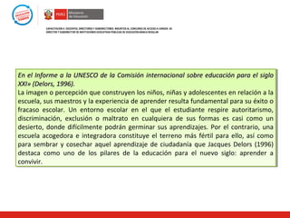 CAPACITACIÓN A DOCENTES, DIRECTORES Y SUBDIRECTORES INSCRITOS AL CONCURSO DE ACCESO A CARGOS DE
DIRECTOR Y SUBDIRECTOR DE INSTITUCIONES EDUCATIVAS PÚBLICAS DE EDUCACIÓN BÁSICA REGULAR

En el Informe a la UNESCO de la Comisión internacional sobre educación para el siglo
En el Informe a la UNESCO de la Comisión internacional sobre educación para el siglo
XXI» (Delors, 1996).
XXI» (Delors, 1996).
La imagen o percepción que construyen los niños, niñas y adolescentes en relación a la
La imagen o percepción que construyen los niños, niñas y adolescentes en relación a la
escuela, sus maestros y la experiencia de aprender resulta fundamental para su éxito o
escuela, sus maestros y la experiencia de aprender resulta fundamental para su éxito o
fracaso escolar. Un entorno escolar en el que el estudiante respire autoritarismo,
fracaso escolar. Un entorno escolar en el que el estudiante respire autoritarismo,
discriminación, exclusión o maltrato en cualquiera de sus formas es casi como un
discriminación, exclusión o maltrato en cualquiera de sus formas es casi como un
desierto, donde difícilmente podrán germinar sus aprendizajes. Por el contrario, una
desierto, donde difícilmente podrán germinar sus aprendizajes. Por el contrario, una
escuela acogedora e integradora constituye el terreno más fértil para ello, así como
escuela acogedora e integradora constituye el terreno más fértil para ello, así como
para sembrar y cosechar aquel aprendizaje de ciudadanía que Jacques Delors (1996)
para sembrar y cosechar aquel aprendizaje de ciudadanía que Jacques Delors (1996)
destaca como uno de los pilares de la educación para el nuevo siglo: aprender a
destaca como uno de los pilares de la educación para el nuevo siglo: aprender a
convivir.
convivir.

 