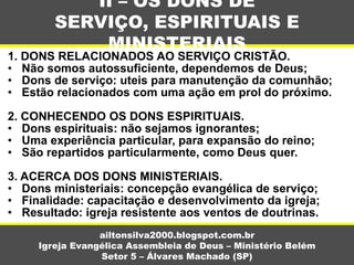 1. DONS RELACIONADOS AO SERVIÇO CRISTÃO.
• Não somos autossuficiente, dependemos de Deus;
• Dons de serviço: uteis para manutenção da comunhão;
• Estão relacionados com uma ação em prol do próximo.
2. CONHECENDO OS DONS ESPIRITUAIS.
• Dons espirituais: não sejamos ignorantes;
• Uma experiência particular, para expansão do reino;
• São repartidos particularmente, como Deus quer.
3. ACERCA DOS DONS MINISTERIAIS.
• Dons ministeriais: concepção evangélica de serviço;
• Finalidade: capacitação e desenvolvimento da igreja;
• Resultado: igreja resistente aos ventos de doutrinas.
II – OS DONS DE
SERVIÇO, ESPIRITUAIS E
MINISTERIAIS
ailtonsilva2000.blogspot.com.br
Igreja Evangélica Assembleia de Deus – Ministério Belém
Setor 5 – Álvares Machado (SP)
 