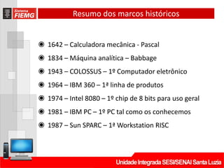Resumo dos marcos históricos
◉ 1642 – Calculadora mecânica - Pascal
◉ 1834 – Máquina analítica – Babbage
◉ 1943 – COLOSSUS – 1º Computador eletrônico
◉ 1964 – IBM 360 – 1ª linha de produtos
◉ 1974 – Intel 8080 – 1º chip de 8 bits para uso geral
◉ 1981 – IBM PC – 1º PC tal como os conhecemos
◉ 1987 – Sun SPARC – 1ª Workstation RISC
 