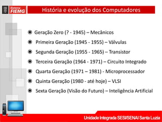 História e evolução dos Computadores
◉ Geração Zero (? - 1945) – Mecânicos
◉ Primeira Geração (1945 - 1955) – Válvulas
◉ Segunda Geração (1955 - 1965) – Transistor
◉ Terceira Geração (1964 - 1971) – Circuito Integrado
◉ Quarta Geração (1971 – 1981) - Microprocessador
◉ Quinta Geração (1980 - até hoje) – VLSI
◉ Sexta Geração (Visão do Futuro) – Inteligência Artificial
 