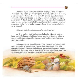 Una tarde llegué hasta una casita en el campo. Tenía una barda
alrededor. No parecía que hubiera gente. Tiré una piedritas en la puerta,
pero nadie salió. De repente, vi un animalito en una jaula. Parecía un
armadillo. ¡Pobrecito! Estaba en el sol y no tenía ni un traste con agua
para tomar. ¡Y dónde que los armadillos son muy sedientos! Rascaba el
suelo con sus patitas, pero le habían puesto una lámina debajo y nomás
puro ruido hacía. No se podía escapar. ¿Sería el que habían platicado
en la escuela?
–¡Siquiera todavía no lo vuelven charango!– pensé.
Me di la vuelta y hallé un hueco en la barda. ¡Que me meto sin
hacer ruido! En la puerta había un letrero que decía: Juan, fui a buscar
otro armadillo para el pedido. Regreso con él en la noche. Espérame
para prepararlos.
¡Entonces sí era el armadillo que iban a convertir en charango! Lo
tenía yo que sacar pronto, antes de que viniera ese señor Juan. Me
acerqué a la jaula. Desenredé el alambre que tenía en la puerta, saqué
al animalito, lo abracé y me lo llevé de ahí. Lo más rápido que pude corrí
sin voltear para atrás, derechito hasta encontrar la vereda.
 