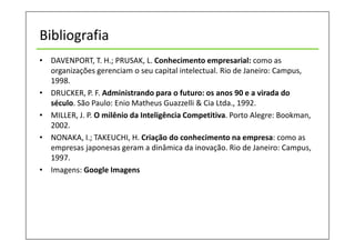 Bibliografia
• DAVENPORT, T. H.; PRUSAK, L. Conhecimento empresarial: como as
organizações gerenciam o seu capital intelectual. Rio de Janeiro: Campus,
1998.
• DRUCKER, P. F. Administrando para o futuro: os anos 90 e a virada do
século. São Paulo: Enio Matheus Guazzelli & Cia Ltda., 1992.
• MILLER, J. P. O milênio da Inteligência Competitiva. Porto Alegre: Bookman,
2002.
• NONAKA, I.; TAKEUCHI, H. Criação do conhecimento na empresa: como as
empresas japonesas geram a dinâmica da inovação. Rio de Janeiro: Campus,
1997.
• Edições Temáticas: Capital Intelectual e Inovação - A gestão dos Intangíveis
/ Fundação Nacional da Qualidade - São Paulo : Fundação Nacional da
Qualidade, 2007. - (Edições Temáticas)
• Imagens: Google Imagens
 