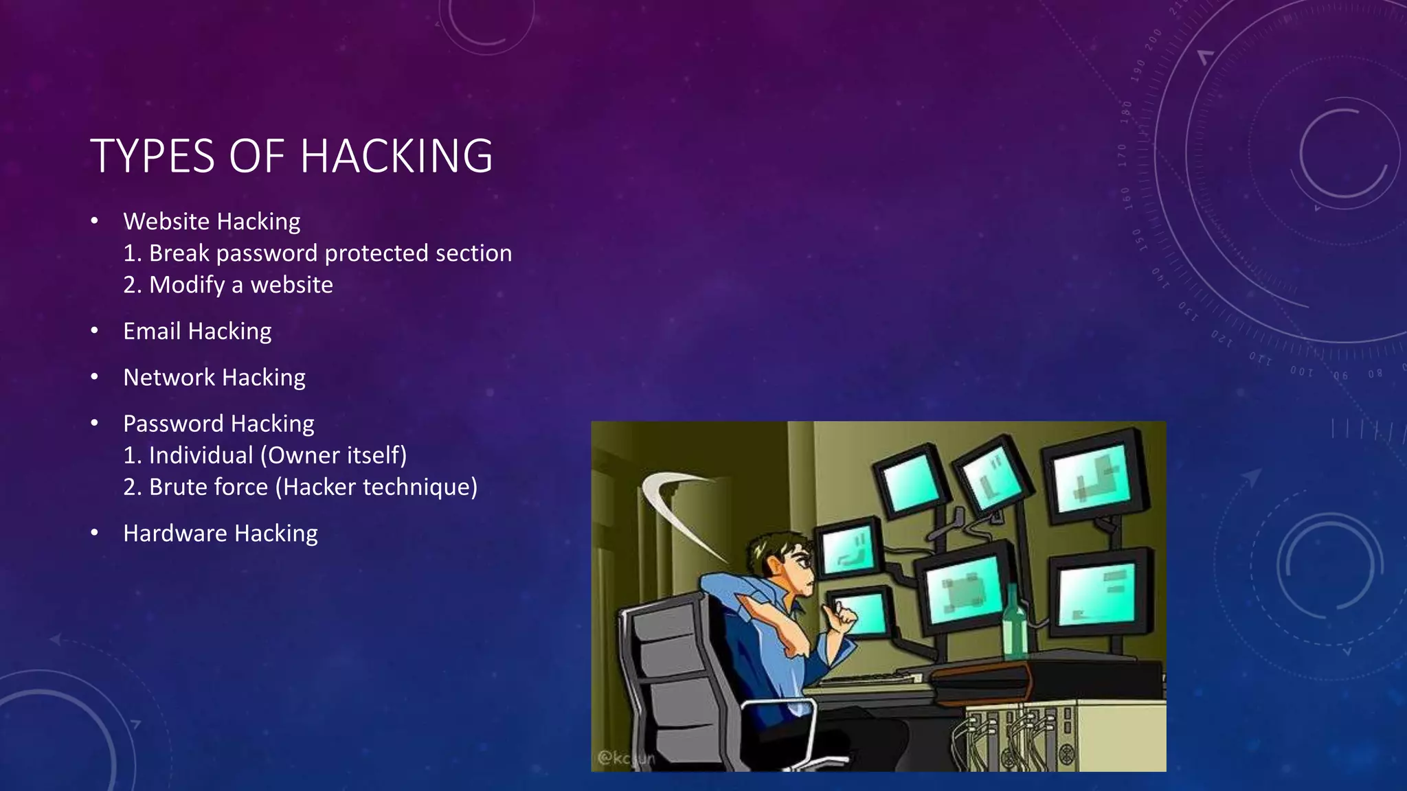 TYPES OF HACKING
• Website Hacking
1. Break password protected section
2. Modify a website
• Email Hacking
• Network Hacking
• Password Hacking
1. Individual (Owner itself)
2. Brute force (Hacker technique)
• Hardware Hacking