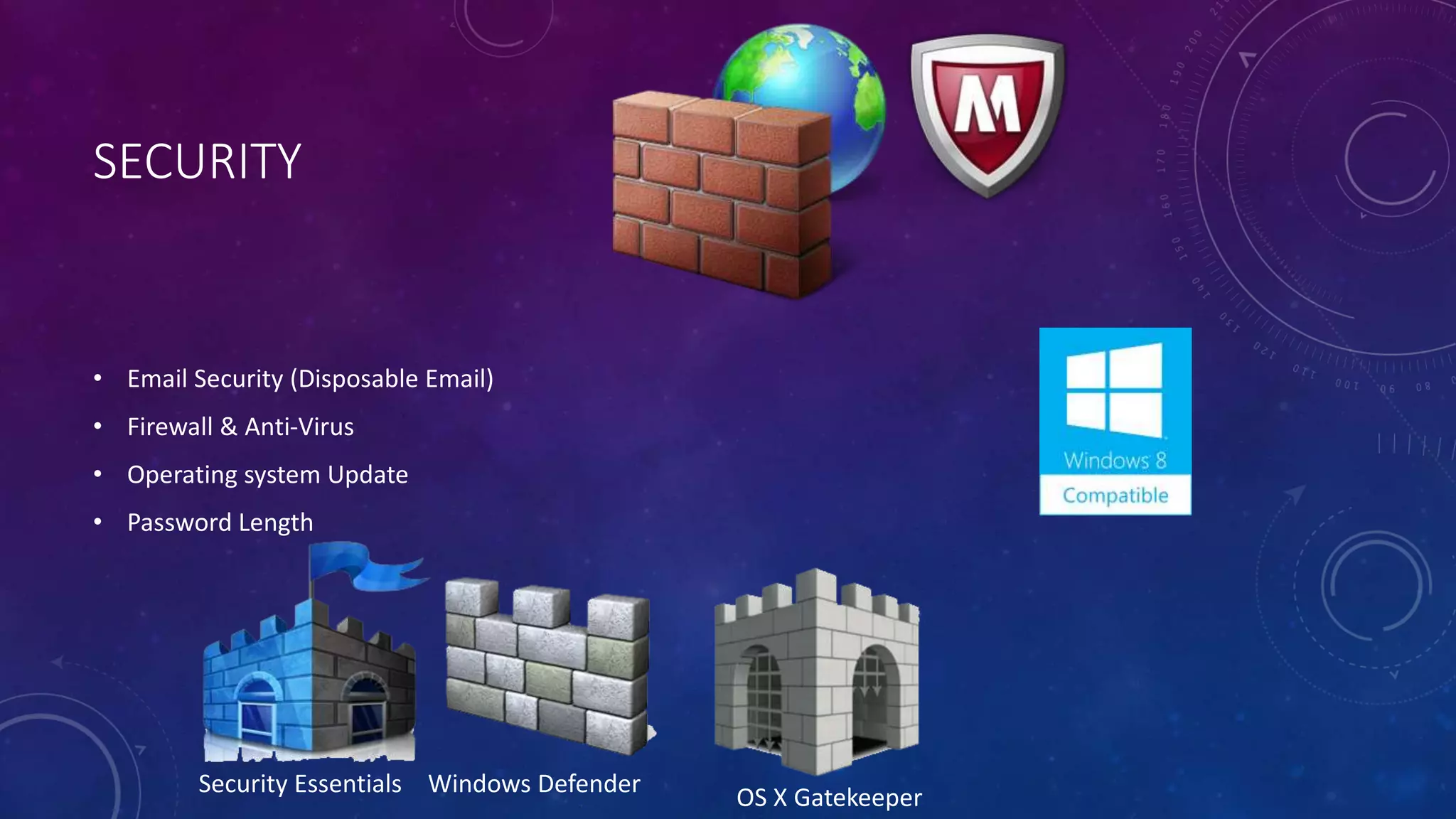 SECURITY
• Email Security (Disposable Email)
• Firewall & Anti-Virus
• Operating system Update
• Password Length
Security Essentials Windows Defender
OS X Gatekeeper