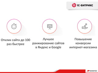 Отклик сайта до 100
раз быстрее
Лучшее
ранжирование сайтов
в Яндекс и Google
Повышение
конверсии
интернет-магазина
 