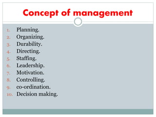 Concept of management
1. Planning.
2. Organizing.
3. Durability.
4. Directing.
5. Staffing.
6. Leadership.
7. Motivation.
8. Controlling.
9. co-ordination.
10. Decision making.
 