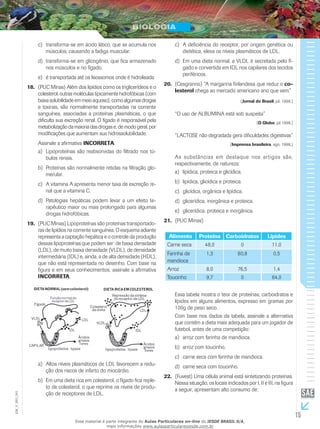 15
EM_V_BIO_001
transforma-se em ácido lático, que se acumula nosc)	
músculos, causando a fadiga muscular.
transforma-se em glicogênio, que fica armazenadod)	
nos músculos e no fígado.
é transportada até os lisossomos onde é hidrolisada.e)	
(PUC Minas) Além dos lipídios como os triglicerídeos e o18.	
colesterol,outrasmoléculastipicamentehidrofóbicas(com
baixasolubilidadeemmeioaquoso),comoalgumasdrogas
e toxinas, são normalmente transportadas na corrente
sanguínea, associadas a proteínas plasmáticas, o que
dificulta sua excreção renal. O fígado é responsável pela
metabolizaçãodamaioriadasdrogase,demodogeral,por
modificações que aumentam sua hidrossolubilidade.
Assinale a afirmativa INCORRETA.
Lipoproteínas são reabsorvidas do filtrado nos tú-a)	
bulos renais.
Proteínas são normalmente retidas na filtração glo-b)	
merular.
A vitamina A apresenta menor taxa de excreção re-c)	
nal que a vitamina C.
Patologias hepáticas podem levar a um efeito te-d)	
rapêutico maior ou mais prolongado para algumas
drogas hidrofóbicas.
(PUC Minas) Lipoproteínas são proteínas transportado-19.	
ras de lipídios na corrente sanguínea. O esquema adiante
representa a captação hepática e o controle da produção
dessas lipoproteínas que podem ser: de baixa densidade
(LDL), de muito baixa densidade (VLDL), de densidade
intermediária (IDL) e, ainda, a de alta densidade (HDL),
que não está representada no desenho. Com base na
figura e em seus conhecimentos, assinale a afirmativa
INCORRETA.
Altos níveis plasmáticos de LDL favorecem a redu-a)	
ção dos riscos de infarto do miocárdio.
Em uma dieta rica em colesterol, o fígado fica reple-b)	
to de colesterol, o que reprime os níveis de produ-
ção de receptores de LDL.
A deficiência do receptor, por origem genética ouc)	
dietética, eleva os níveis plasmáticos de LDL.
Em uma dieta normal, a VLDL é secretada pelo fí-d)	
gado e convertida em IDL nos capilares dos tecidos
periféricos.
(Cesgranrio) “A margarina finlandesa que reduz o20.	 co-
lesterol chega ao mercado americano ano que vem.”
(Jornal do Brasil, jul. 1998.)
“O uso de ALBUMINA está sob suspeita”
(O Globo, jul 1998.)
“LACTOSE não degradada gera dificuldades digestivas”
(Imprensa brasileira, ago. 1998.)
As substâncias em destaque nos artigos são,
respectivamente, de natureza:
lipídica, proteica e glicídica.a)	
lipídica, glicídica e proteica.b)	
glicídica, orgânica e lipídica.c)	
glicerídica, inorgânica e proteica.d)	
glicerídica, proteica e inorgânica.e)	
(PUC Minas)21.	
Alimento Proteína Carboidratos Lípides
Carne seca 48,0 0 11,0
Farinha de
mandioca
1,3 80,8 0,5
Arroz 8,0 76,5 1,4
Toucinho 9,7 0 64,0
Essa tabela mostra o teor de proteínas, carboidratos e
lípides em alguns alimentos, expresso em gramas por
100g de peso seco.
Com base nos dados da tabela, assinale a alternativa
que contém a dieta mais adequada para um jogador de
futebol, antes de uma competição:
arroz com farinha de mandioca.a)	
arroz com toucinho.b)	
carne seca com farinha de mandioca.c)	
carne seca com toucinho.d)	
(Fuvest) Uma célula animal está sintetizando proteínas.22.	
Nessa situação, os locais indicados por I, II e III, na figura
a seguir, apresentam alto consumo de:
Esse material é parte integrante do Aulas Particulares on-line do IESDE BRASIL S/A,
mais informações www.aulasparticularesiesde.com.br
 
