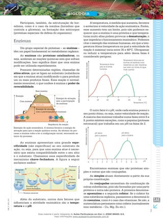 7
EM_V_BIO_001
Participam, também, da estruturação de hor-
mônios, como é o caso da insulina (hormônio que
controla a glicemia), na formação dos anticorpos
(proteínas especiais de defesa do organismo).
Enzimas
Um grupo especial de proteínas – as enzimas –
têm um papel fundamental no metabolismo orgânico.
As enzimas são proteínas catalisadoras, ou
seja, aceleram as reações químicas sem que sofram
modificações. Isso significa dizer que uma enzima
pode ser utilizada repetidamente.
Possuem determinadas regiões, chamadas de
sítios ativos, que se ligam ao substrato (substância
em que a enzima atua) modificando-o para produzir
um ou mais produtos finais. Essa reação é normal-
mente reversível, o que confere à enzima o poder da
reversibilidade.
Sem enzima
Energia
Sequência da reação
Com enzima
Reagentes Produtos
Energia de ativação
sem a participação
de enzimas
Energia de ativação
com a participação de enzimas
A B C A B C
Exemplo de ação enzimática. A enzima fornece a energia de
ativação para que a reação química ocorra. Ao término do pro-
cesso a enzima volta a ter a configuração inicial, retornando ao
início do processo.
IESDEBrasilS.A.
+ +
As enzimas apresentam uma grande espe-
cificidade (são específicas) ao seu substrato de
ação, ou seja, para que uma enzima atue é neces-
sário que exista compatibili­dade entre o seu sítio
e o substrato. Chamamos essa especificidade de
mecanismo chave–fechadura. A figura a seguir
escla­rece melhor:
Sacarose
Substrato
Sítios
Encaixe tipo
chave-fechadura
Enzima sacarose
Enzima
Frutose
Glicose
Produtos
H2
O
A B C D
IESDEBrasilS.A.
Além do substrato, outros dois fatores que
influenciam a atividade enzimática são a tempe-
ratura e o pH.
A temperatura, à medida que aumenta, favorece
o acréscimo à velocidade da ação enzimática. Porém,
esse aumento tem um limite, pois não podemos es-
quecer que a enzima é uma proteína e que tempera-
turas muito altas podem provocar a desnaturação, o
que impediria o funcionamento enzimático. Podemos
citar o exemplo das enzimas humanas, em que a tem-
peratura ótima (temperatura na qual a velocidade da
reação é máxima) varia entre 35 e 40ºC. Ultrapassar
ou reduzir a temperatura para além dessa faixa é
considerado perigoso.
O outro fator é o pH, onde cada enzima possui o
seu ponto ótimo, ou seja, maior velocidade de reação.
A maioria das enzimas trabalha numa faixa entre 6 a
8, porém existem exceções, como a pepsina (protease
estomacal) que trabalha em um pH na faixa de 2.
Encontramos enzimas que são proteínas sim-
ples e outras que são conjugadas.
As simples atuam diretamente a partir da sua
própria constituição.
As conjugadas necessitam da combinação de
outras substâncias, pois são formadas por uma parte
proteica e outra não-proteica. A primeira denomina-
se apoenzima e a segunda cofator. Se o cofator for
uma substância orgânica, passaremos a denominá-lo
de coenzima, como é o caso das vitaminas. Se não, a
nomenclatura permanece como cofator (normalmente
íons metálicos – Cu, Mg, Zn etc.).
Esse material é parte integrante do Aulas Particulares on-line do IESDE BRASIL S/A,
mais informações www.aulasparticularesiesde.com.br
 