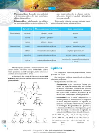 4
EM_V_BIO_001
Oligossacarídeos•• – formados pela união de 2
a 12 monossacarídeos. Os mais importantes
são os dissacarídeos.
Polissacarídeos•• – são formados por milhares
de monossacarídeos, criando polímeros. Os
Lipídios
São compostos formados pela união de ácidos
graxos e um álcool.
São insolúveis em água, mas solúveis em alguns
solventes orgânicos.
Os lipídios são divididos em:
Carotenoides•• – são pigmentos de cor ver-
melha ou amarela encontrados em células
de alguns protistas e nos vegetais. Alguns
animais conseguem converter os carotenoi-
des ingeridos em moléculas de vitamina A, ou
retinol, que participa da percepção visual.
Glicerídeos•• – são os óleos e as gorduras. A
diferença entre os dois encontra-se no ponto
de fusão. Enquanto os óleos são líquidos, as
gorduras são sólidas. O álcool que participa
da montagem dos glicerídeos é o glicerol. É
o lipídio mais utilizado pelo organismo, pois
além de servir como reserva energética, os
animais os utilizam como isolante térmico.
OH - OH + HOOC - (CH2
)n
- CH3
	 CH2
- O - CO - (CH2
)n
- CH3
+ H2
O
CH - CO + HOOC - (CH2
)n
- CH3
	 CH2
- O - CO - (CH2
)n
- CH3
+ H2
O
CH2
- CH + HOOC - (CH2
)n
- CH3
	 CH2
- O - CO - (CH2
)n
- CH3
+ H2
O
Glicerol Ácidos
graxos
Triaciglicerol
mais importantes são a celulose (estrutu-
ral), amido (reserva vegetal) e glicogênio
(reserva animal).
Observando a tabela, veremos os mais impor-
tantes dissacarídeos e polissacarídeos.
Carboidrato Monossacarídeos formadores Onde encontramos
Dissacarídeos sacarose glicose + frutose vegetais
lactose glicose + galactose leite
maltose glicose + glicose vegetais
Polissacarídeos amido muitas moléculas de glicose vegetais - reserva energética
celulose muitas moléculas de glicose vegetais - parede celular
glicogênio muitas moléculas de glicose animais - reserva energética
quitina muitas moléculas de glicose
revestimento - exoesqueleto dos insetos
e fungos
Observe que a glicose é o monossacarídeo mais
abundante na natureza, sendo a celulose o carboi-
drato que mais encontramos pois, como vimos, não
existem monossacarídeos livres.
A formação dos dissacarídeos ocorre por desi-
dratação, enquanto a quebra em monossacarídeos,
por hidrólise.
HOCH2
O
OH
OH
OH
O
O
OH
OH
OH
HOCH2
HOCH2
O
OH
OH
OH H
O
OH
OH
OH
HOCH2
OH
H2
O
Hidrólise
H2
O
Desidratação
HOCH2
O
OH
OH
OH
O
O
OH
OH
HOCH2
O
O
OH
OH
HOCH2
O
O
OH
OH
HOCH2
OO
O
OH
OH
HOCH2
O
O
OH
OH
HOCH2
O
O
OH
OH
CH2
O
O
OH
OH
HOCH2
Glicogênio (fração)
Esse material é parte integrante do Aulas Particulares on-line do IESDE BRASIL S/A,
mais informações www.aulasparticularesiesde.com.br
 