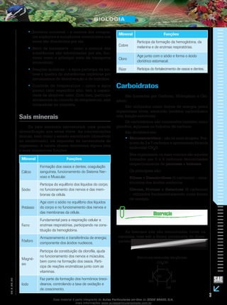 3
EM_V_BIO_001
Solvente universal – a maioria dos compos-••
tos orgânicos e inorgânicos encontrados nos
seres são dissolvidos por ela.
Meio de transporte – como a maioria das••
substâncias são solubilizadas por ela, fun-
ciona como o principal meio de transporte
intracelular.
Reações químicas – a água participa da sín-••
tese e quebra de substâncias orgânicas por
mecanismos de desidratação e de hidrólise.
Controle de temperatura – como a água••
possui calor específico alto, tem a capaci-
dade de absorver calor. Com isso, participa
ativamente no controle de temperatura, seja
intracelular ou corpórea.
Sais minerais
Os sais minerais apresentam uma grande
diversificação nos seres vivos. As concentrações
iônicas, bem como o estado encontrado (dissolvido
ou imobilizado), irá depender da necessidade do
organismo. A tabela abaixo demonstra alguns íons
e suas respectivas funções.
Mineral Funções
Cálcio
Formação dos ossos e dentes; coagulação
sanguínea, funcionamento do Sistema Ner-
voso e Muscular.
Sódio
Participa do equilíbrio dos líquidos do corpo,
no funcionamento dos nervos e das mem-
branas da célula.
Potássio
Age com o sódio no equilíbrio dos líquidos
do corpo e no funcionamento dos nervos e
das membranas da célula.
Ferro
Fundamental para a respiração celular e
enzimas respiratórias, participando na cons-
tituição da hemoglobina.
Fósforo
Armazenamento e transferência de energia;
componente dos ácidos nucleicos.
Magné-
sio
Participa da constituição da clorofila, ajuda
no funcionamento dos nervos e músculos,
bem como na formação dos ossos. Parti-
cipa de reações enzimáticas junto com as
vitaminas.
Iodo
Faz parte da formação dos hormônios tireoi-
deanos, controlando a taxa de oxidação e
de crescimento.
Mineral Funções
Cobre
Participa da formação da hemoglobina, da
melanina e de enzimas respiratórias.
Cloro
Age junto com o sódio e forma o ácido
clorídrico estomacal.
Flúor Participa do fortalecimento de ossos e dentes.
Carboidratos
São formados por Carbono, Hidrogênio e Oxi-
gênio.
São utilizados como fontes de energia pelos
organismos vivos, existindo também carboidratos
com função estrutural.
Os carboidratos são conhecidos também como
glicídios, açúcares ou hidratos de carbono.
São divididos em:
Monossacarídeos•• – são os mais simples. Pos-
suem de 3 a 7 carbonos e apresentam fórmula
molecular CH2
O.
Nos organismos, os mais comuns são aqueles
formados por 5 a 6 carbonos denominados
respectivamente de pentoses e hexoses.
Os principais são:
Ribose e Desoxirribose (5 carbonos) – cons-
tituintes dos ácidos nucleicos.
Glicose, Frutose e Galactose (6 carbonos)
– utilizados fundamentalmente como fontes
de energia.
As hexoses não são encontradas livres na
natureza, mas sob a forma combinada de dissa-
carídeos.
CH2
OH
O
OH
OH
OH OH
Estrutura molecular da glicose
Esse material é parte integrante do Aulas Particulares on-line do IESDE BRASIL S/A,
mais informações www.aulasparticularesiesde.com.br
 