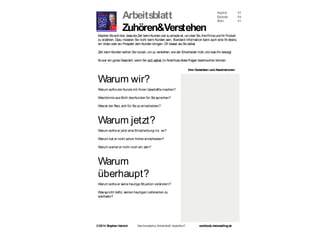 Arbeitsblatt
Zuhören&Verstehen
Kapitel 01
Episode 04
Blatt 01
©2014 Stephan Heinich Daskomplette Arbeitsheft bestellen? workbook.visionselling.de
Warum wir?
Warum sollte der Kunde mit Ihnen Geschäfte machen?
Waskönnte ausSicht desKunden für Sie sprechen?
Wasist der Reiz,sich für Sie zu entscheiden?
Warum jetzt?
Warum sollte er jetzt eine Entscheidung tre en?
Warum hat er nicht schon früher entschieden?
Warum wartet er nicht noch ein Jahr?
Warum
überhaupt?
Warum sollte er seine heutige Situation verändern?
Wasspricht dafür,seinen heutigen Lieferanten zu
wechseln?
MachenSiesichklar,dassdieZeit beimKundenviel zuschadeist,umüber Sie,IhreFirmaundIhr Produkt
zu erzählen. Dazu müssten Sie nicht beim Kunden sein. Standard-Information kann auch eine W ebsite,
ein Video oder ein Prospekt dem Kunden bringen. Oft besser alsSieselbst.
Zeit beim Kunden sollten Sienutzen, um zu verstehen, wieder Entscheider tickt und wasihn bewegt.
Eswar ein gutesGespräch, wenn Sie sich selbst im AnschlussdieseFragen beantworten können:
Ihre Gedanken undAssotiationen
 