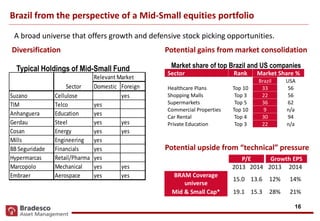 16
A broad universe that offers growth and defensive stock picking opportunities.
P/E Growth EPS
2013 2014 2013 2014
BRAM Coverage
universe
15.0 13.6 12% 14%
Mid & Small Cap* 19.1 15.3 28% 21%
Relevant Market
Domestic Foreign
Suzano Cellulose yes
TIM Telco yes
Anhanguera Education yes
Gerdau Steel yes yes
Cosan Energy yes yes
Mills Engineering yes
BB Seguridade Financials yes
Hypermarcas Retail/Pharma yes
Marcopolo Mechanical yes yes
Embraer Aerospace yes yes
Sector
Brazil from the perspective of a Mid-Small equities portfolio
Diversification
Typical Holdings of Mid-Small Fund
Potential gains from market consolidation
Sector Rank Market Share %
Brazil USA
Healthcare Plans Top 10 33 56
Shopping Malls Top 3 22 56
Supermarkets Top 5 36 62
Commercial Properties Top 10 9 n/a
Car Rental Top 4 30 94
Private Education Top 3 22 n/a
Market share of top Brazil and US companies
Potential upside from “technical” pressure
 