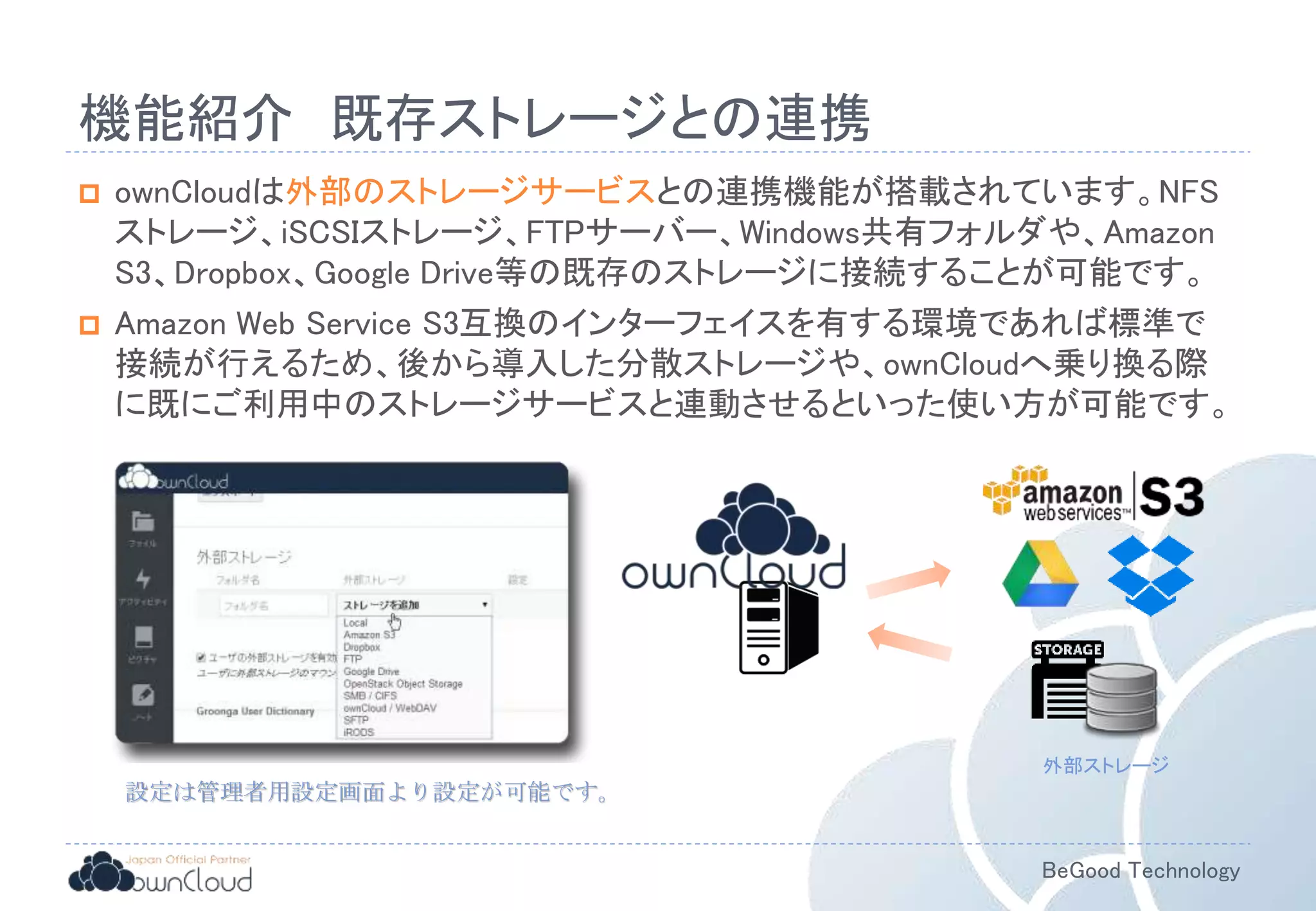 BeGood Technology
機能紹介 既存ストレージとの連携
 ownCloudは外部のストレージサービスとの連携機能が搭載されています。NFS
ストレージ、iSCSIストレージ、FTPサーバー、Windows共有フォルダや、Amazon
S3、Dropbox、Google Drive等の既存のストレージに接続することが可能です。
 Amazon Web Service S3互換のインターフェイスを有する環境であれば標準で
接続が行えるため、後から導入した分散ストレージや、ownCloudへ乗り換る際
に既にご利用中のストレージサービスと連動させるといった使い方が可能です。
設定は管理者用設定画面より設定が可能です。
データ保存
データ読込
外部ストレージ
 