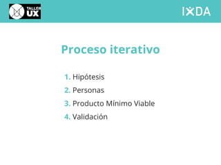 Proceso iterativo
1. Hipótesis
2. Personas
3. Producto Mínimo Viable
4. Validación
 
