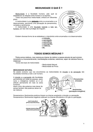 MEDIUNIDADE O QUE É ?
Mediunidade é a faculdade humana, pela qual se
estabelecem as relações entre homens e os espíritos.
Todos nós possuímos mediunidade, embora em diferentes
graus.
A mediunidade é uma sintonia entre os encarnados e os
desencarnados, permitindo uma percepção de pensamentos,
vontades e sentimentos.
A mediunidade é uma facudade inerente a todo ser
humano, por isso não é privilégio de ninguém.
Existem diversas forma de se estabelecer o intercâmbio entre encarnados e os desencarnados:
- a intuição,
- a percepção,
- a psicofônia,
- a psicografia,
- a vidência,
- etc.
TODOS SOMOS MÉDIUNS ?
TTodos somos médiuns, mas costuma-se chamar de médium a pessoa através da qual ocorrem,odos somos médiuns, mas costuma-se chamar de médium a pessoa através da qual ocorrem,
consciente ou inconscientemente, manifestações evidentes, ostensivas, sejam de natureza física ouconsciente ou inconscientemente, manifestações evidentes, ostensivas, sejam de natureza física ou
intelectual.intelectual.
Temos dois tipos de mediunidade:
- Mediunidade Natural,
- Mediunidade de Prova.
MEDIUNIDADE NATURAL
No estado evolutivo que nos encontramos as mediunidades da intuição e da percepção são
faculdades inerentes a todo o ser humano.
A intuição e a percepção são faculdades
permanentes em todas as pessoas, assim
como a inteligência também já é um
atributo permanente em todo os seres
humanos.
Assim como não podemos mais deixar de
pensar também não podemos deixar de
ser médiuns.
Pensamentos e Sentimentos positivos limpam os chacras ampliando a intuição e a percepção.
Pensamentos e Sentimentos negativos obstruem os chacras dificultando a int ição e a percepção.
6
 