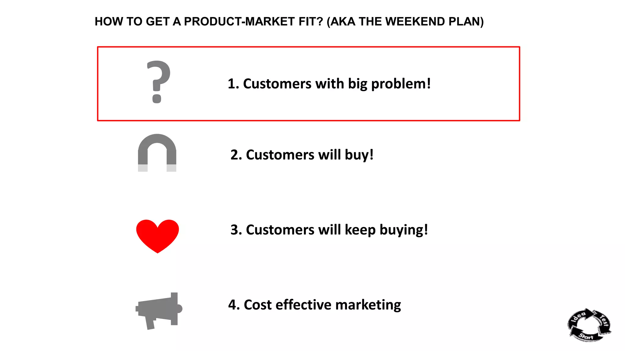 HOW TO GET A PRODUCT-MARKET FIT? (AKA THE WEEKEND PLAN) 
1. Customers with big problem! 
2. Customers will buy! 
3. Customers will keep buying! 
4. Cost effective marketing 
? 
 
