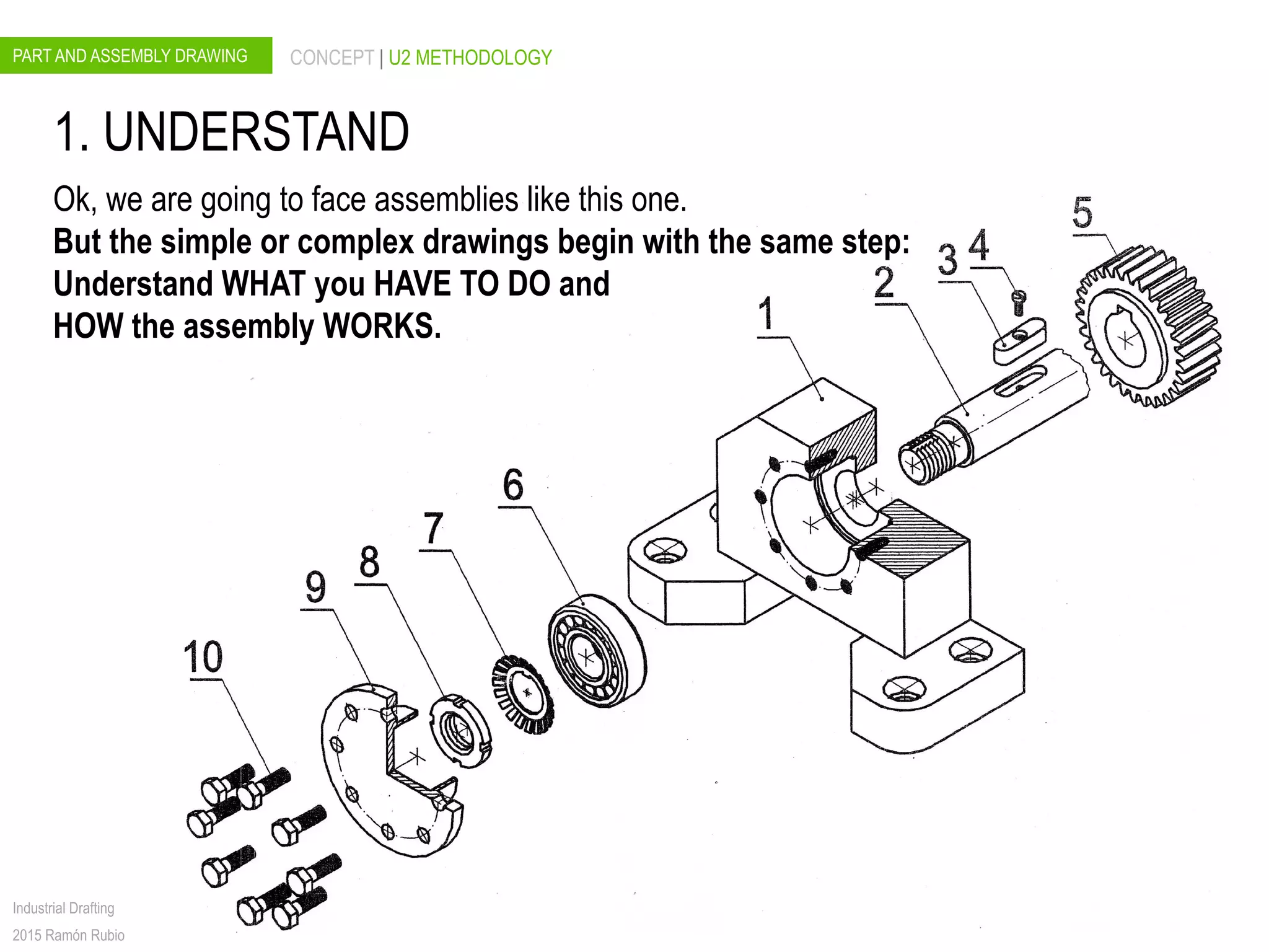 PART AND ASSEMBLY DRAWING CONCEPT | U2 METHODOLOGY
Industrial Drafting
2015 Ramón Rubio
1. UNDERSTAND
Ok, we are going to face assemblies like this one.
But the simple or complex drawings begin with the same step:
Understand WHAT you HAVE TO DO and
HOW the assembly WORKS.
 
