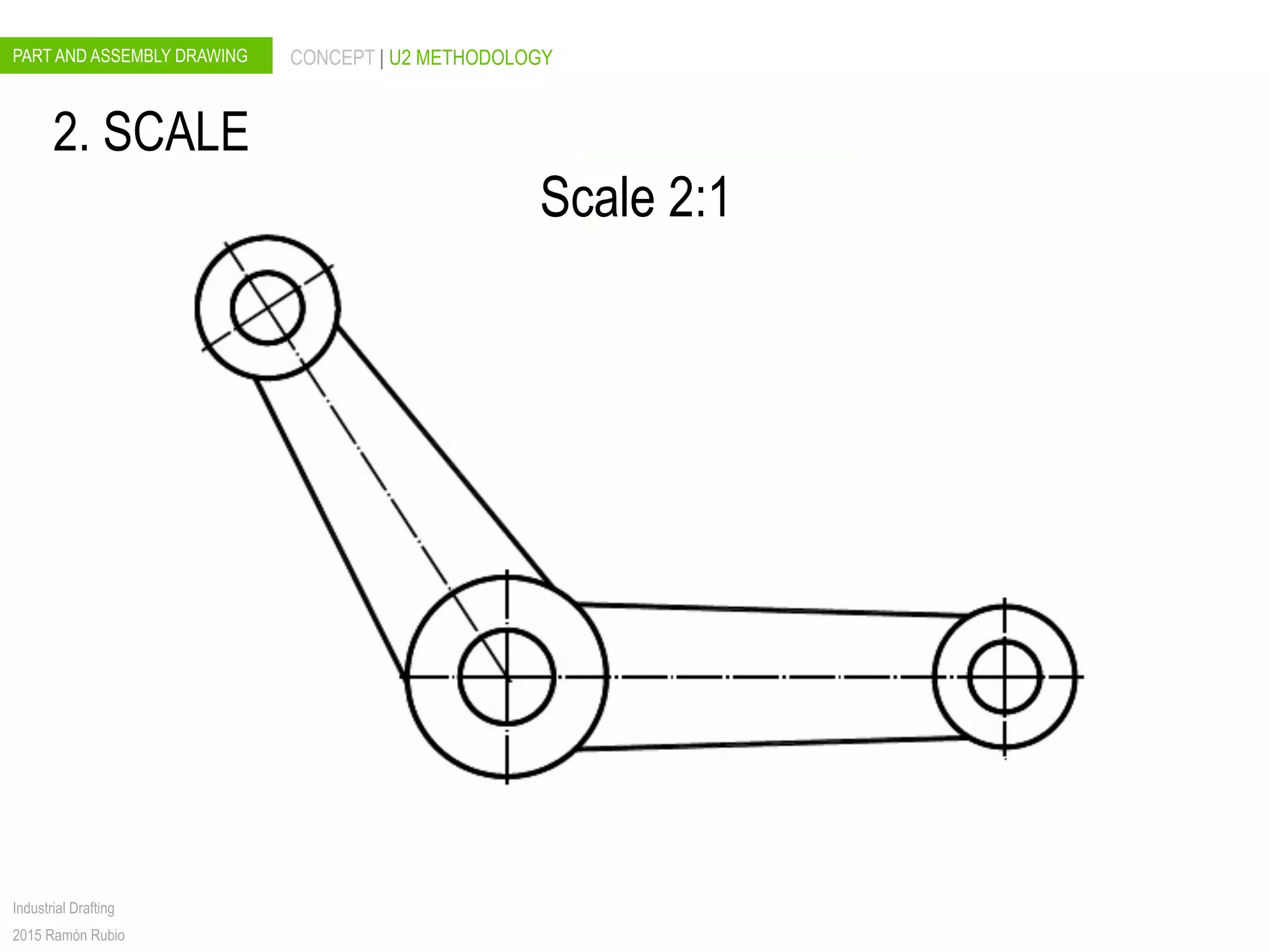 PART AND ASSEMBLY DRAWING CONCEPT | U2 METHODOLOGY
Industrial Drafting
2015 Ramón Rubio
Scale 2:1
2. SCALE
 