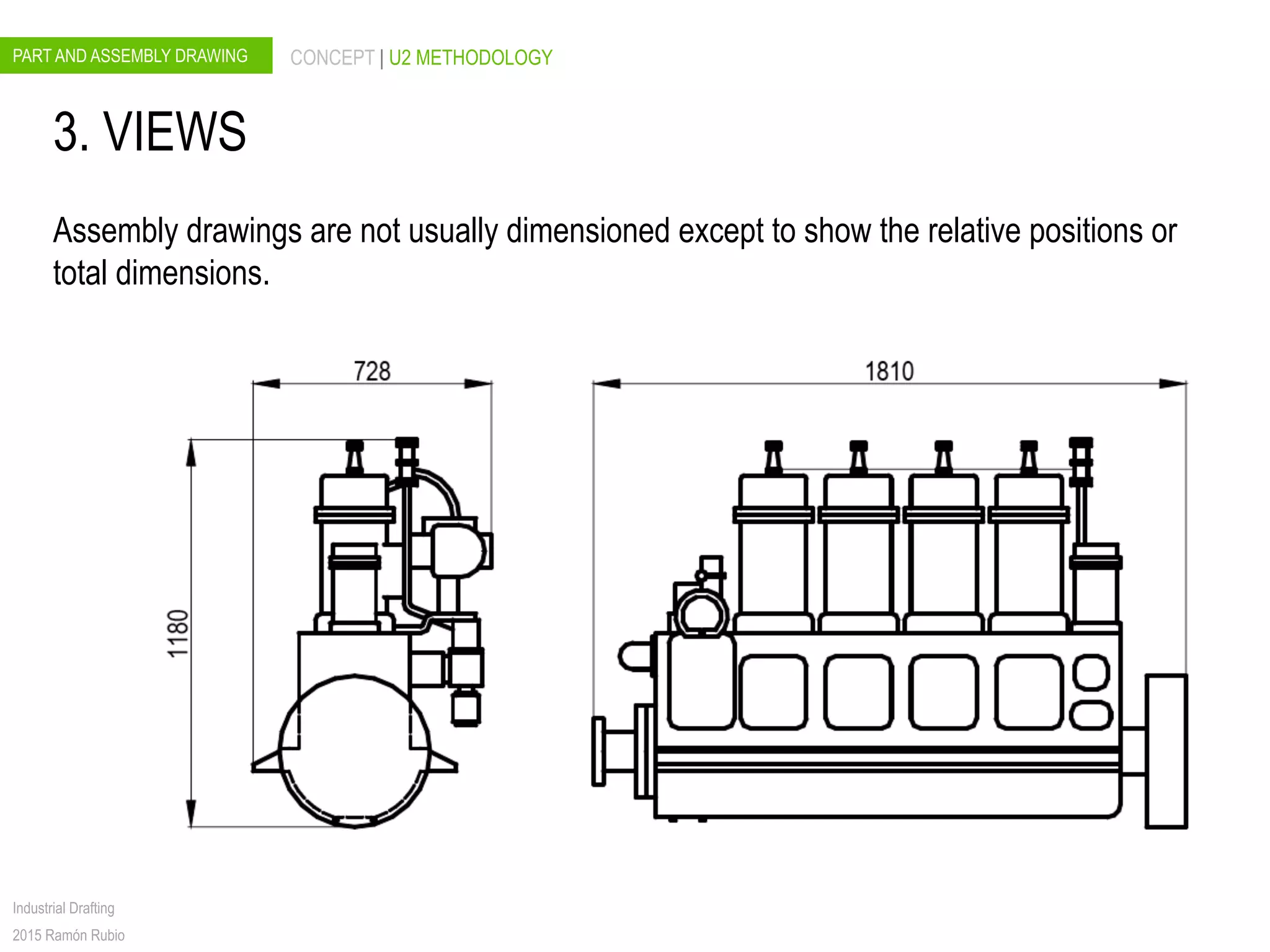PART AND ASSEMBLY DRAWING CONCEPT | U2 METHODOLOGY
Industrial Drafting
2015 Ramón Rubio
3. VIEWS
Assembly drawings are not usually dimensioned except to show the relative positions or
total dimensions.
 