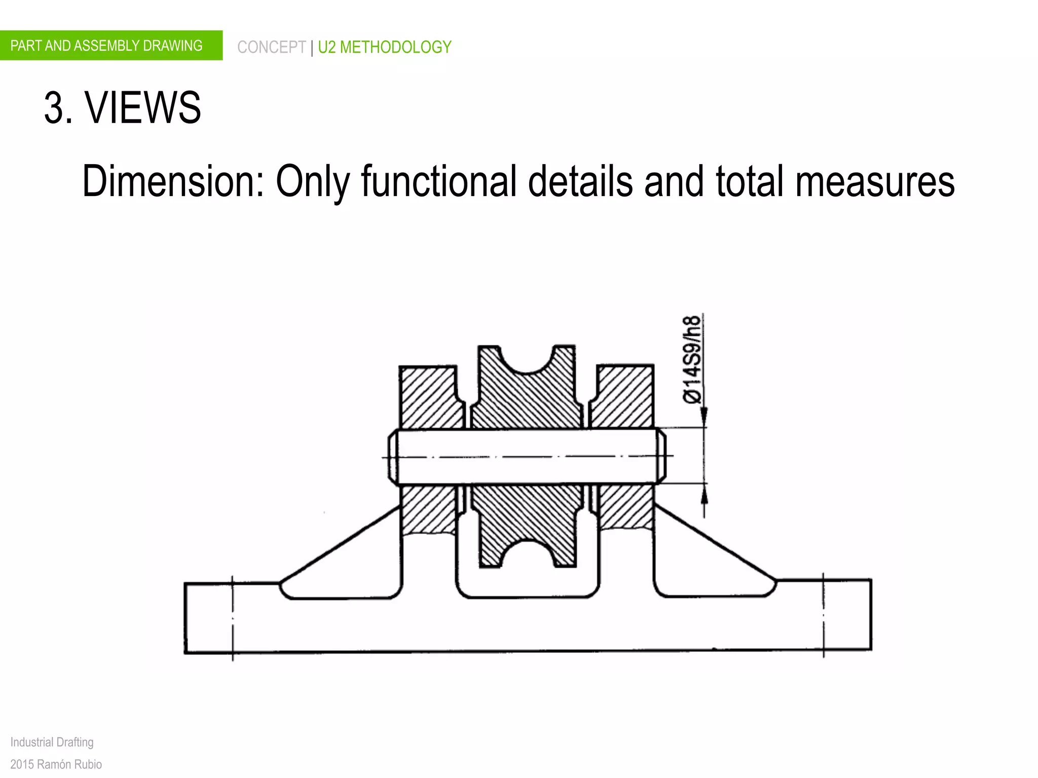 PART AND ASSEMBLY DRAWING CONCEPT | U2 METHODOLOGY
Industrial Drafting
2015 Ramón Rubio
Dimension: Only functional details and total measures
3. VIEWS
 