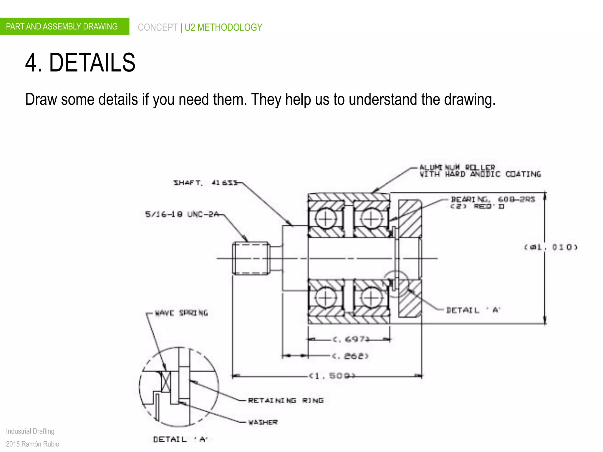 PART AND ASSEMBLY DRAWING CONCEPT | U2 METHODOLOGY
Industrial Drafting
2015 Ramón Rubio
4. DETAILS
Draw some details if you need them. They help us to understand the drawing.
 