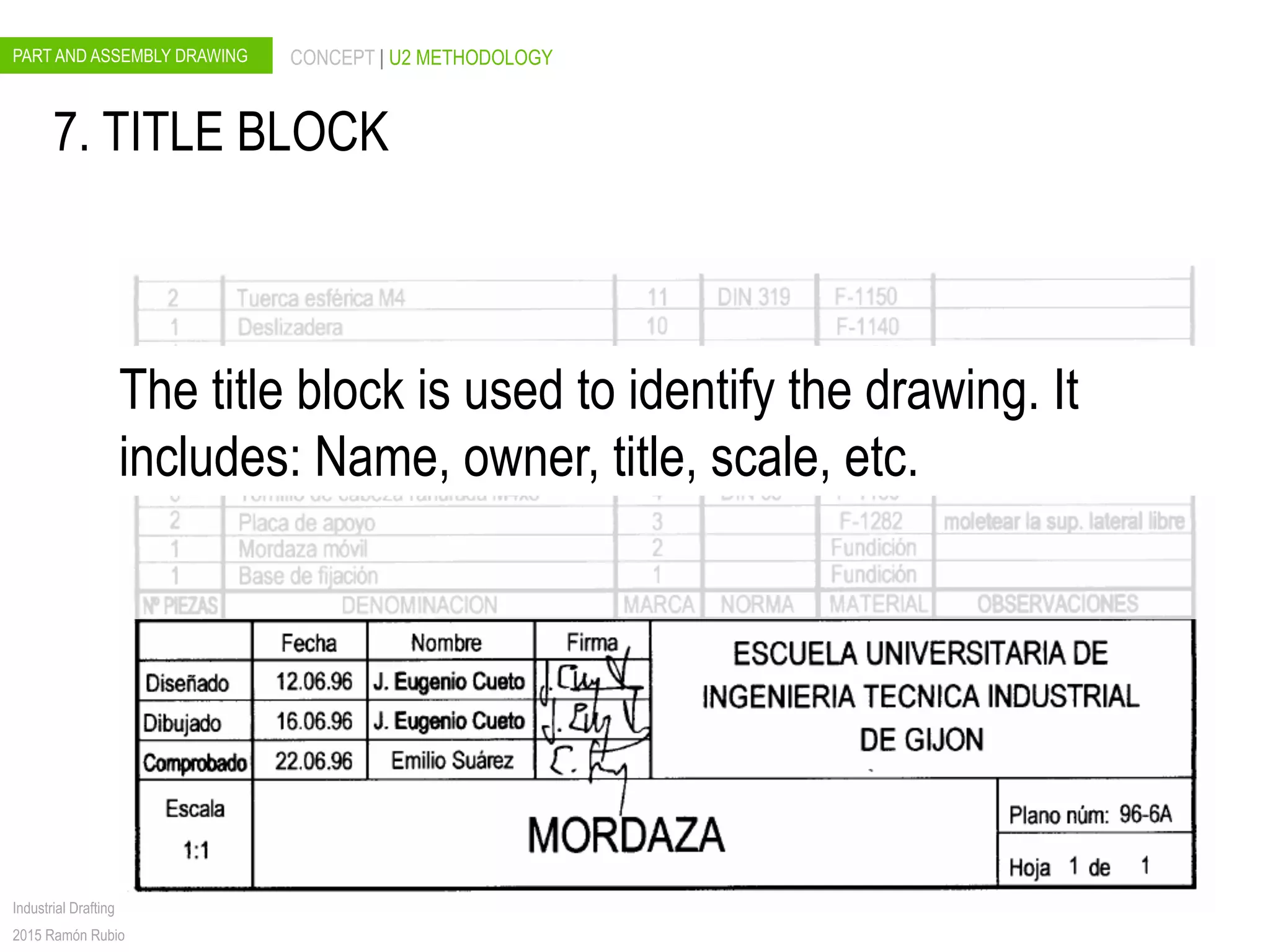 PART AND ASSEMBLY DRAWING CONCEPT | U2 METHODOLOGY
Industrial Drafting
2015 Ramón Rubio
7. TITLE BLOCK
The title block is used to identify the drawing. It
includes: Name, owner, title, scale, etc.
 