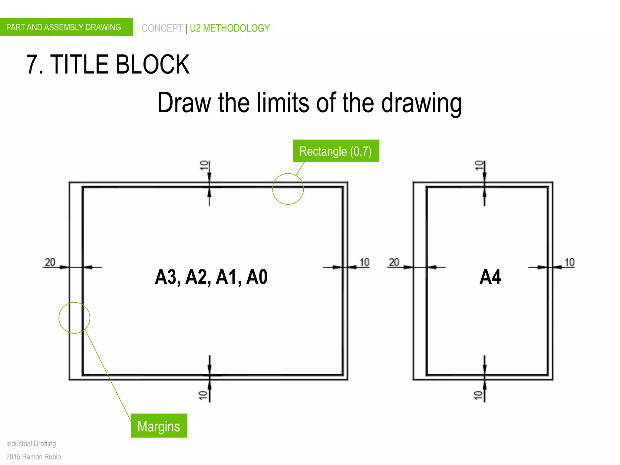 PART AND ASSEMBLY DRAWING CONCEPT | U2 METHODOLOGY
Industrial Drafting
2015 Ramón Rubio
Rectangle (0,7)
Margins
Draw the limits of the drawing
A3, A2, A1, A0 A4
7. TITLE BLOCK
 