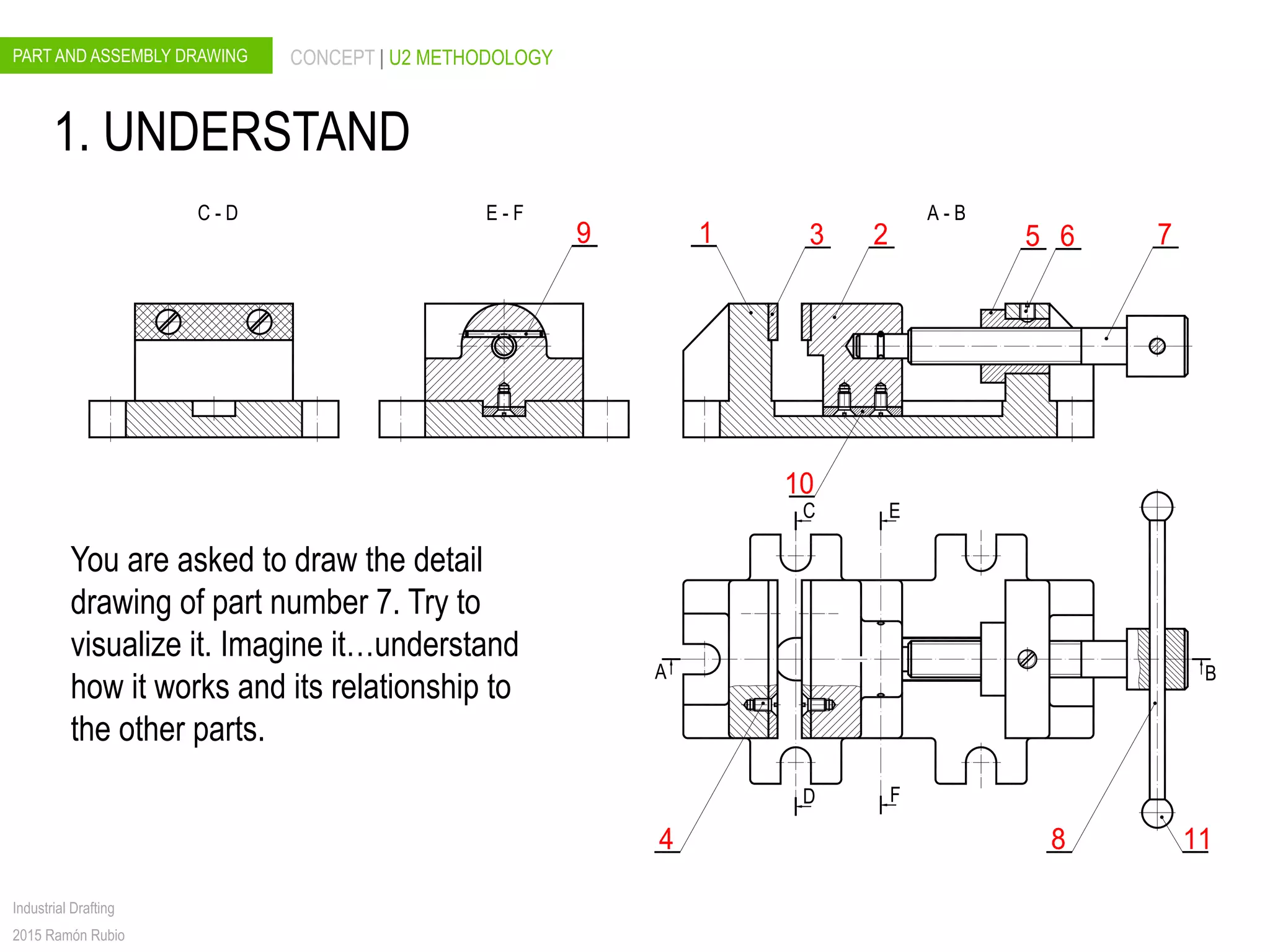 PART AND ASSEMBLY DRAWING CONCEPT | U2 METHODOLOGY
Industrial Drafting
2015 Ramón Rubio
A B
E
F
C
D
A - BE - FC - D
1. UNDERSTAND
You are asked to draw the detail
drawing of part number 7. Try to
visualize it. Imagine it…understand
how it works and its relationship to
the other parts.
 