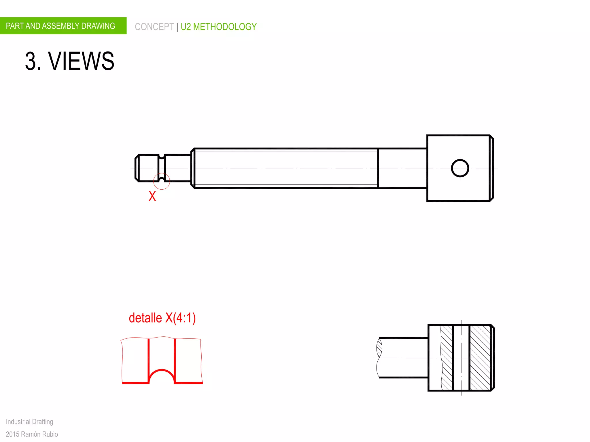 PART AND ASSEMBLY DRAWING CONCEPT | U2 METHODOLOGY
Industrial Drafting
2015 Ramón Rubio
detalle X(4:1)
X
3. VIEWS
 