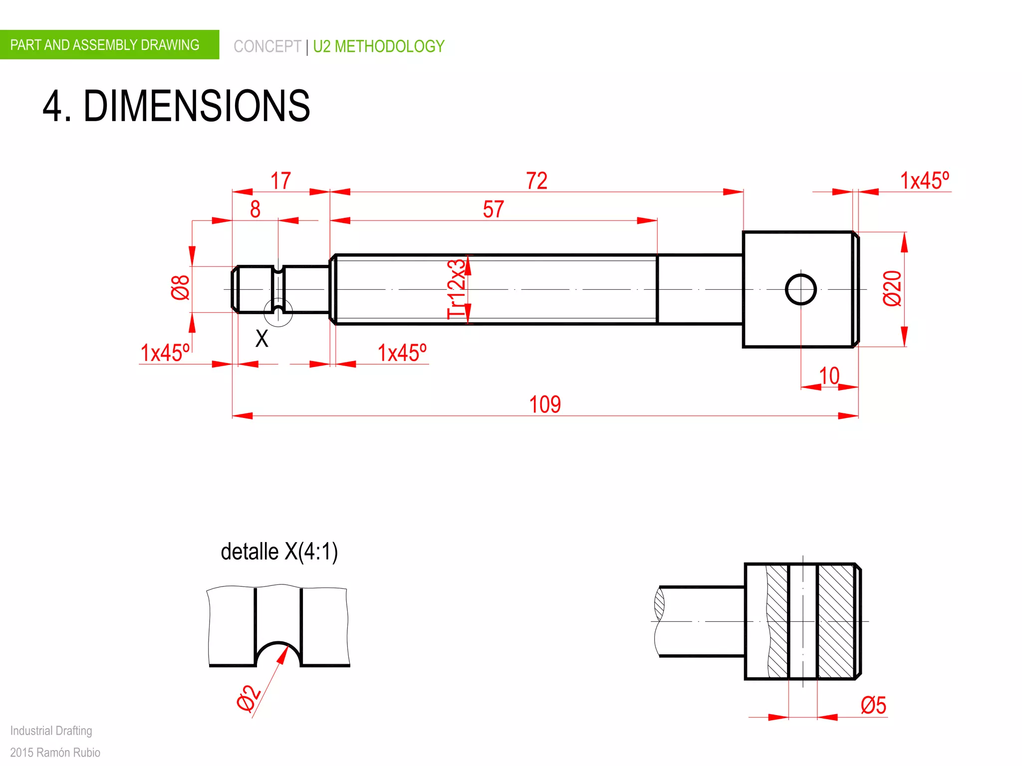 PART AND ASSEMBLY DRAWING CONCEPT | U2 METHODOLOGY
Industrial Drafting
2015 Ramón Rubio
1x45º72
Tr12x3
10
Ø5
109
1x45º
57
1x45º
Ø20
8
17
Ø2
detalle X(4:1)
X
Ø8
4. DIMENSIONS
 