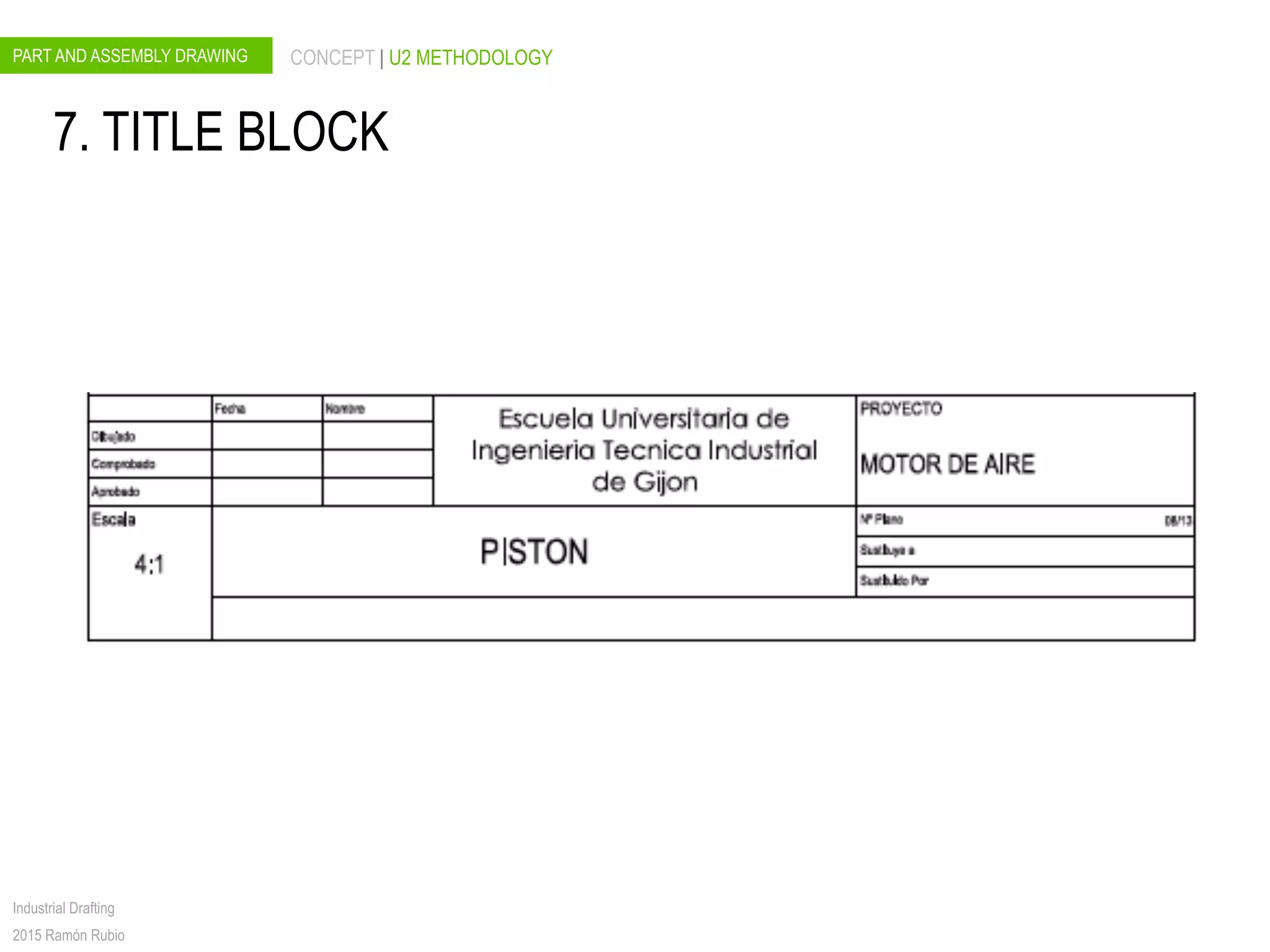 PART AND ASSEMBLY DRAWING CONCEPT | U2 METHODOLOGY
Industrial Drafting
2015 Ramón Rubio
7. TITLE BLOCK
 