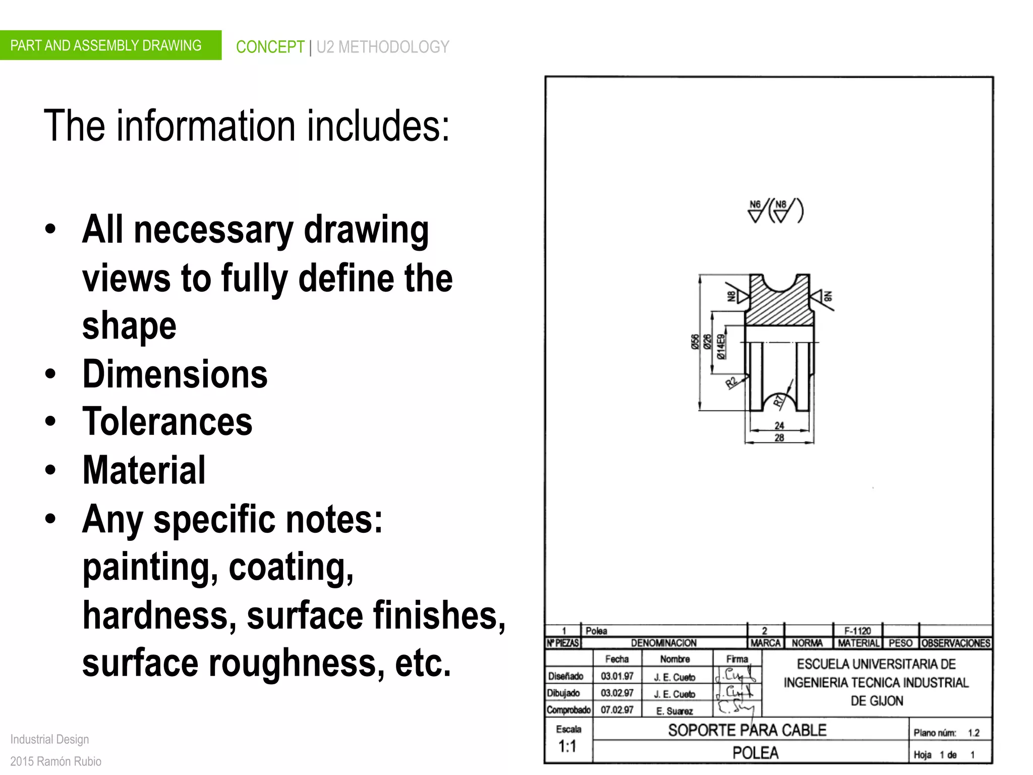 PART AND ASSEMBLY DRAWING
Industrial Design
2015 Ramón Rubio
CONCEPT | U2 METHODOLOGY
The information includes:
•  All necessary drawing
views to fully define the
shape
•  Dimensions
•  Tolerances
•  Material
•  Any specific notes:
painting, coating,
hardness, surface finishes,
surface roughness, etc.
 