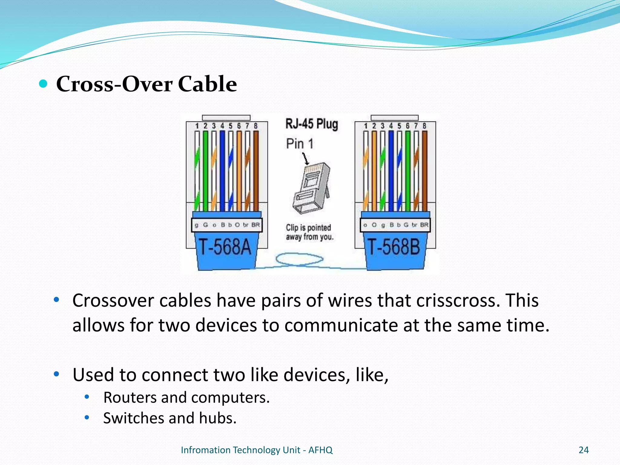  Cross-Over Cable 
• Crossover cables have pairs of wires that crisscross. This 
allows for two devices to communicate at the same time. 
• Used to connect two like devices, like, 
• Routers and computers. 
• Switches and hubs. 
Infromation Technology Unit - AFHQ 24 
 