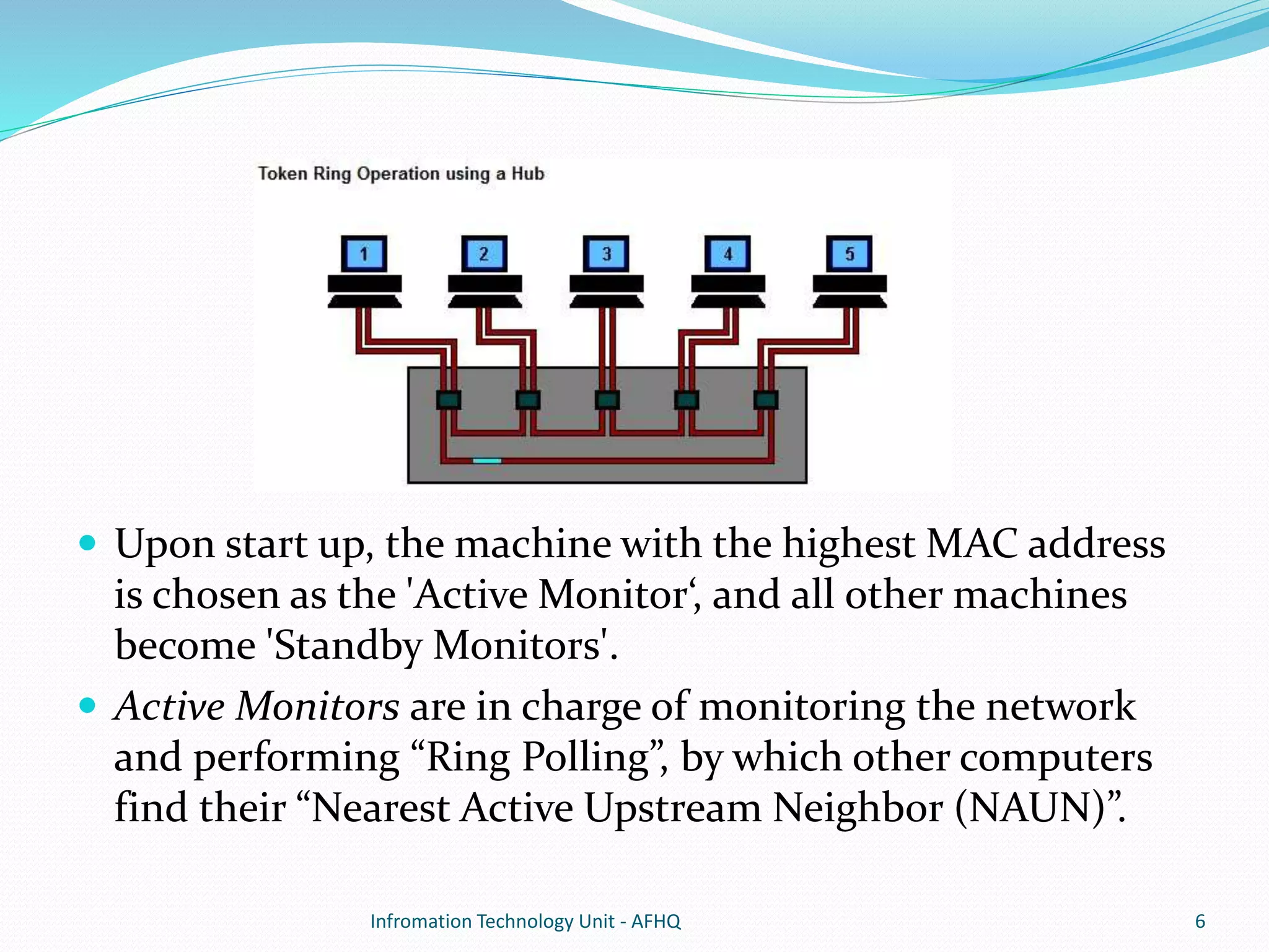  Upon start up, the machine with the highest MAC address 
is chosen as the 'Active Monitor‘, and all other machines 
become 'Standby Monitors'. 
 Active Monitors are in charge of monitoring the network 
and performing “Ring Polling”, by which other computers 
find their “Nearest Active Upstream Neighbor (NAUN)”. 
Infromation Technology Unit - AFHQ 6 
 