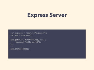 Express Server 
var express = require("express"); 
var app = express(); 
! 
app.get("/", function(req, res){ 
res.send("hello world"); 
}); 
! 
app.listen(3000); 
 
