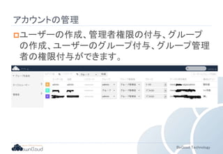 BeGood Technology 
アカウントの管理 
ユーザーの作成、管理者権限の付与、グループ 
の作成、ユーザーのグループ付与、グループ管理 
者の権限付与ができます。 
 