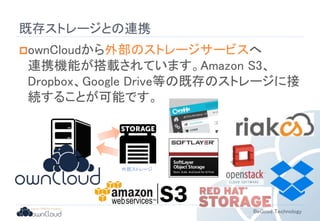 BeGood Technology 
既存ストレージとの連携 
ownCloudから外部のストレージサービスへ 
連携機能が搭載されています。Amazon S3、 
Dropbox、Google Drive等の既存のストレージに接 
続することが可能です。 
データ保存 
外部ストレージ 
 